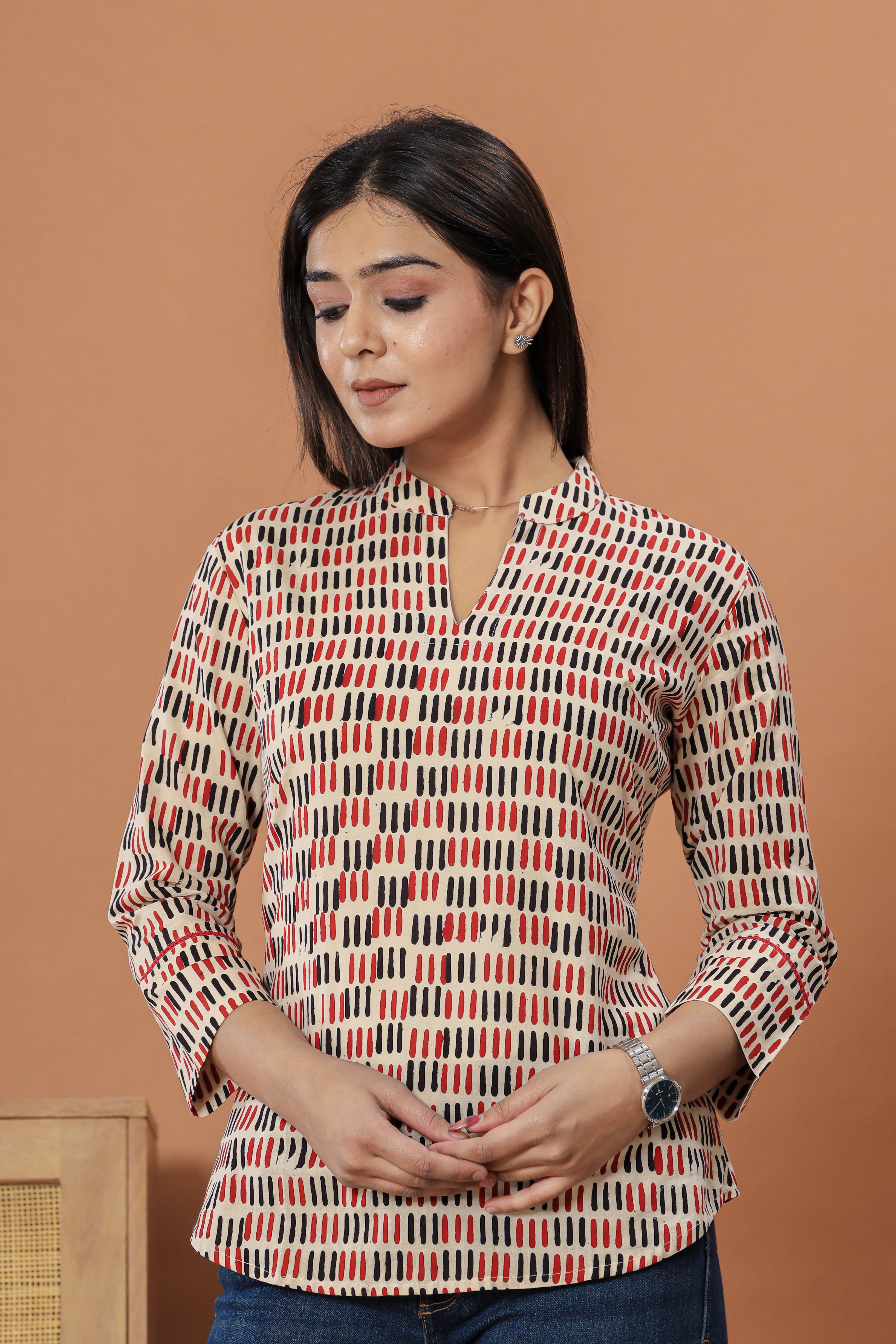 Tally Mark Geometric Print Hand Block Printed Womens Tops