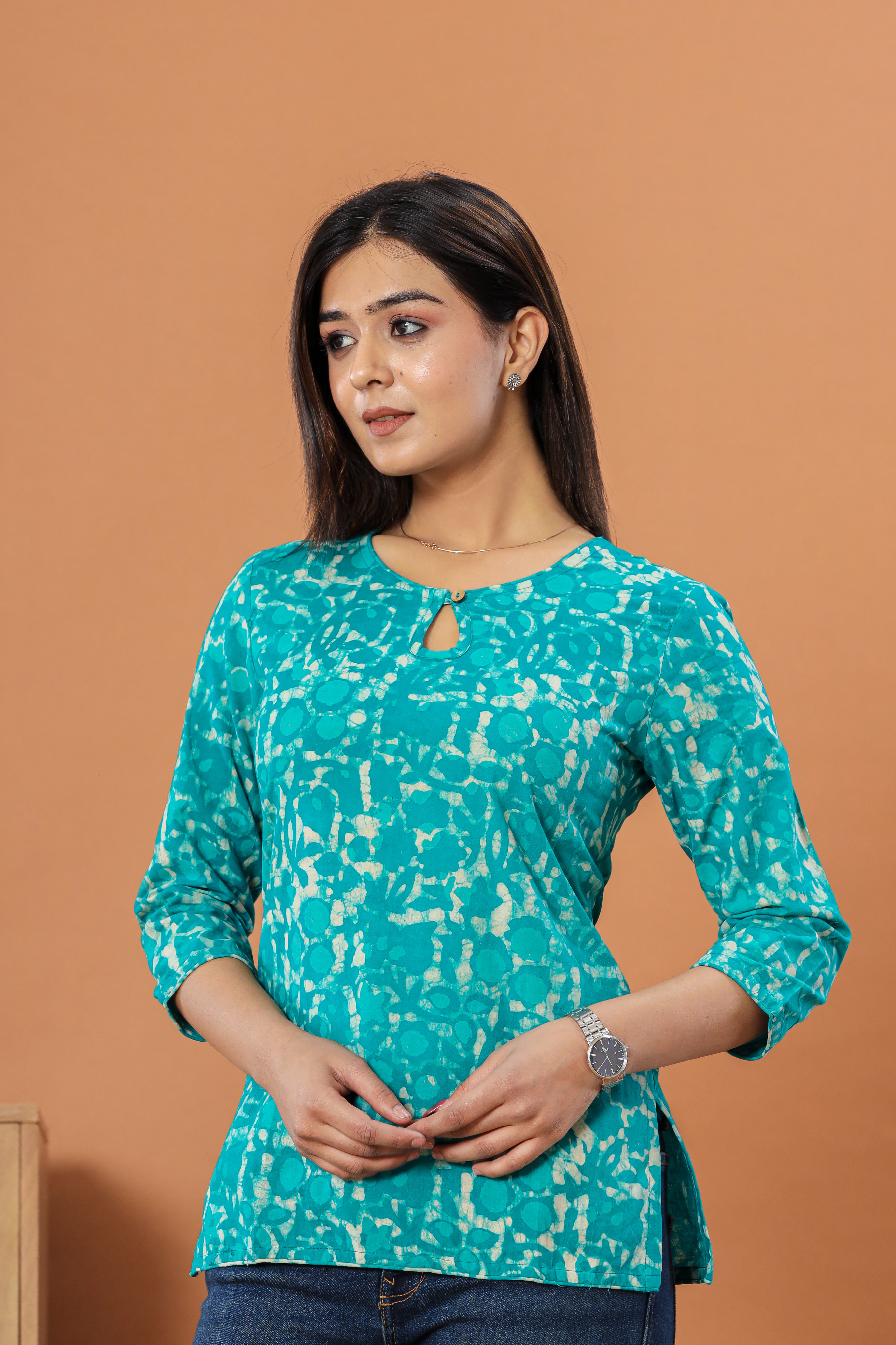 Firozi Daboo Jaal Hand Block Printed Womens Tops