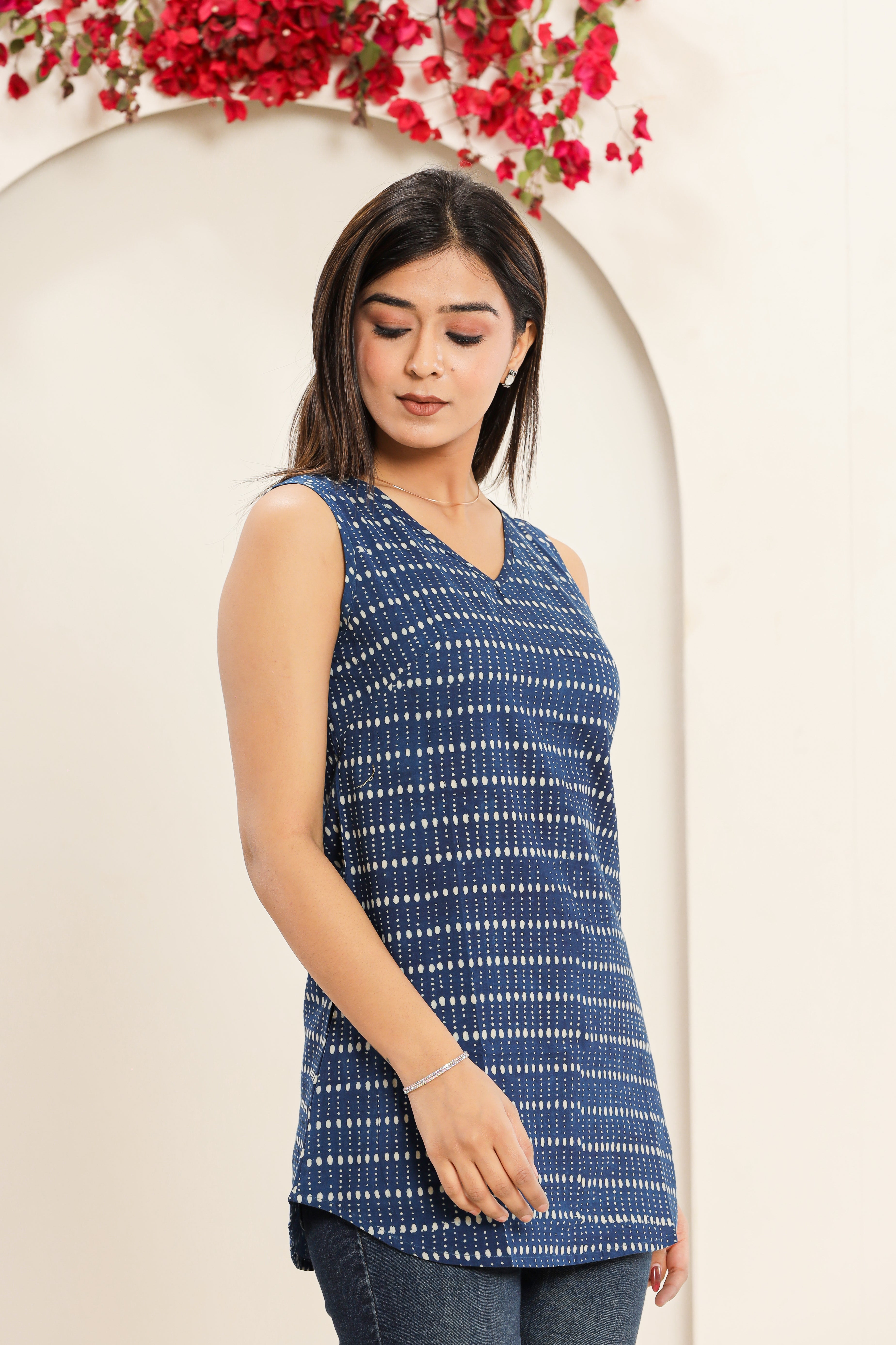 Indigo Bindu Print Sleeveless Mud Resist Daboo Hand Block Printed Womens Tops