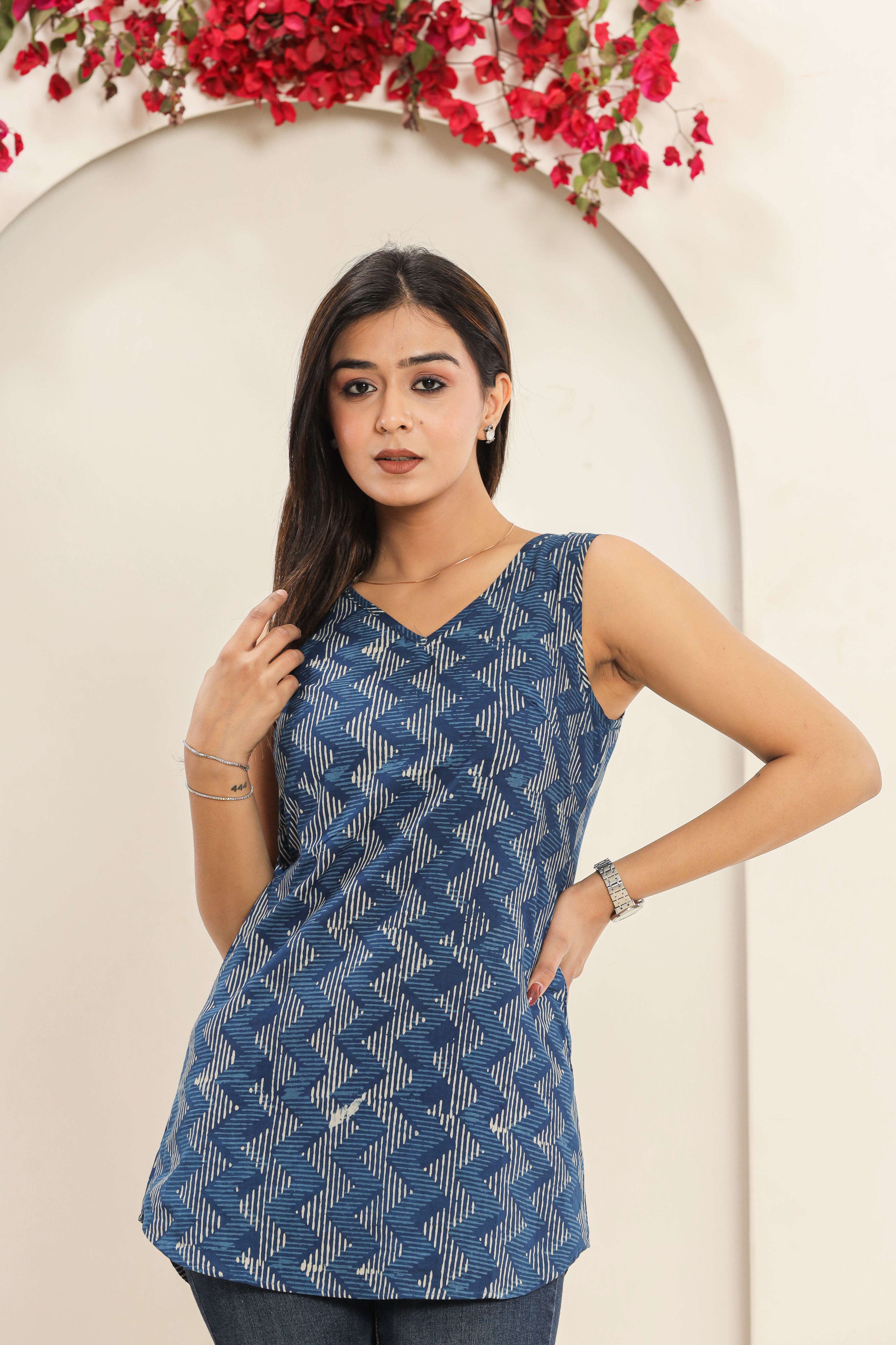 Indigo Chevron Print Sleeveless Mud Resist Daboo Hand Block Printed Womens Tops
