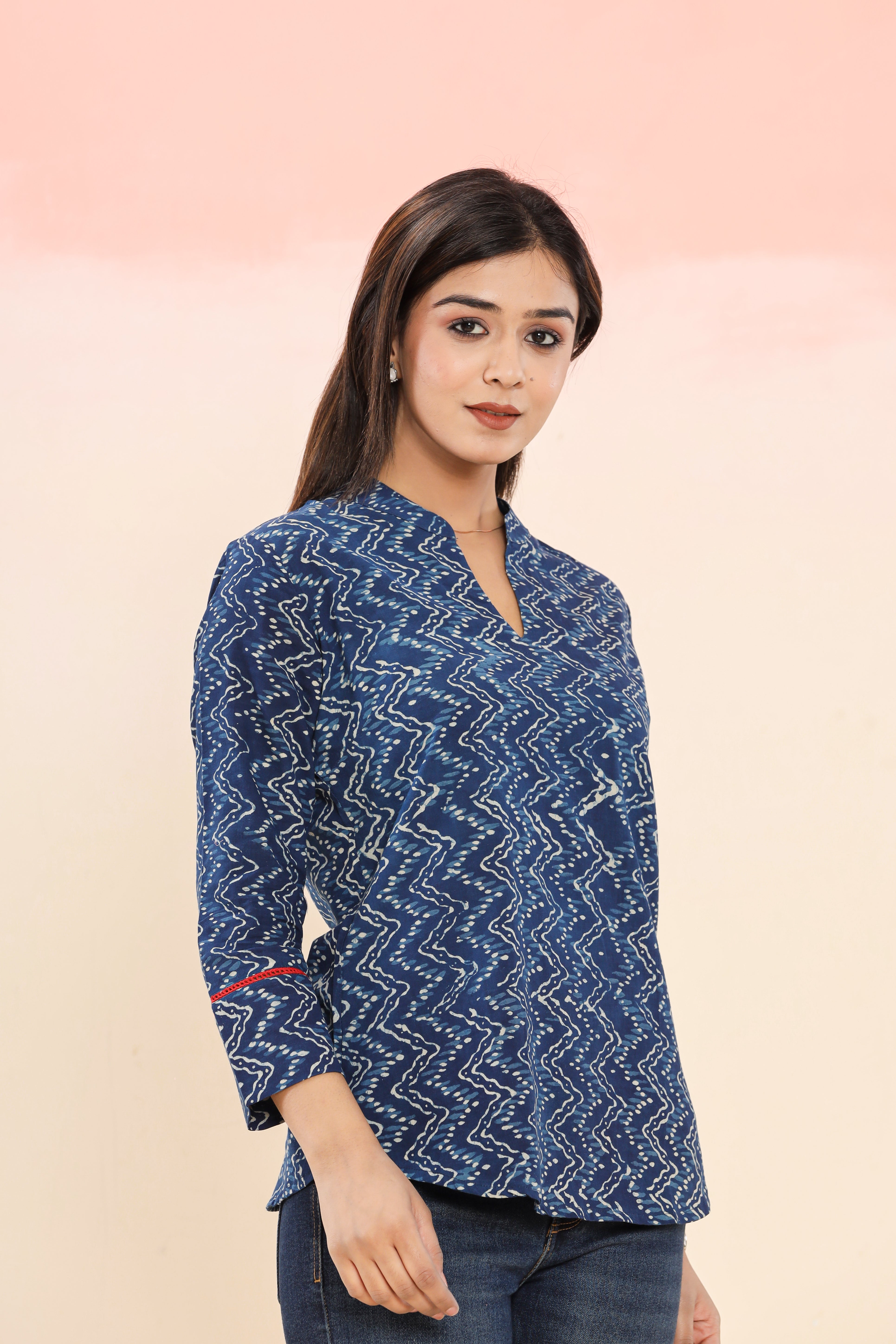 Indigo Chevron Geometric Print Hand Block Printed Womens Tops