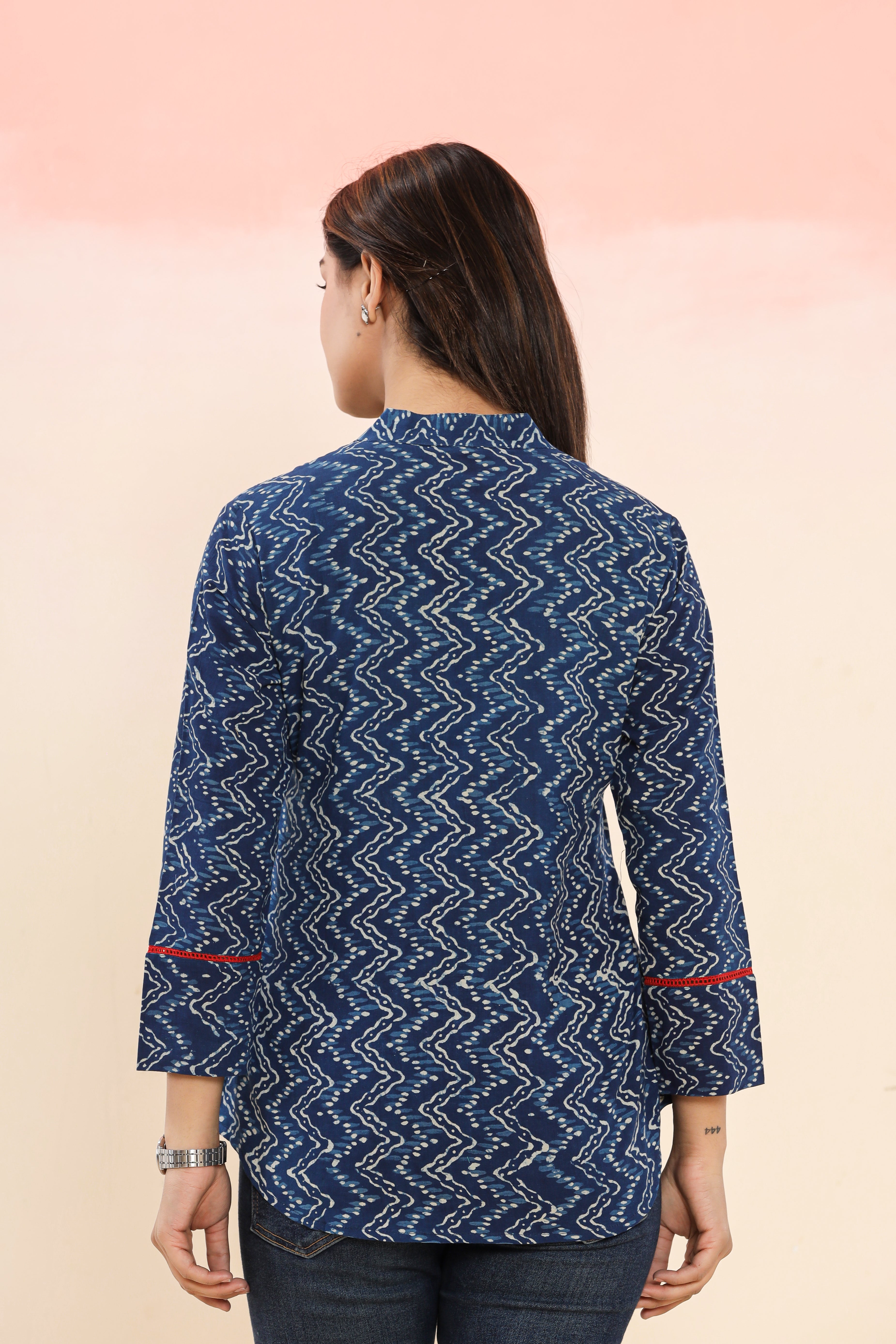 Indigo Chevron Geometric Print Hand Block Printed Womens Tops