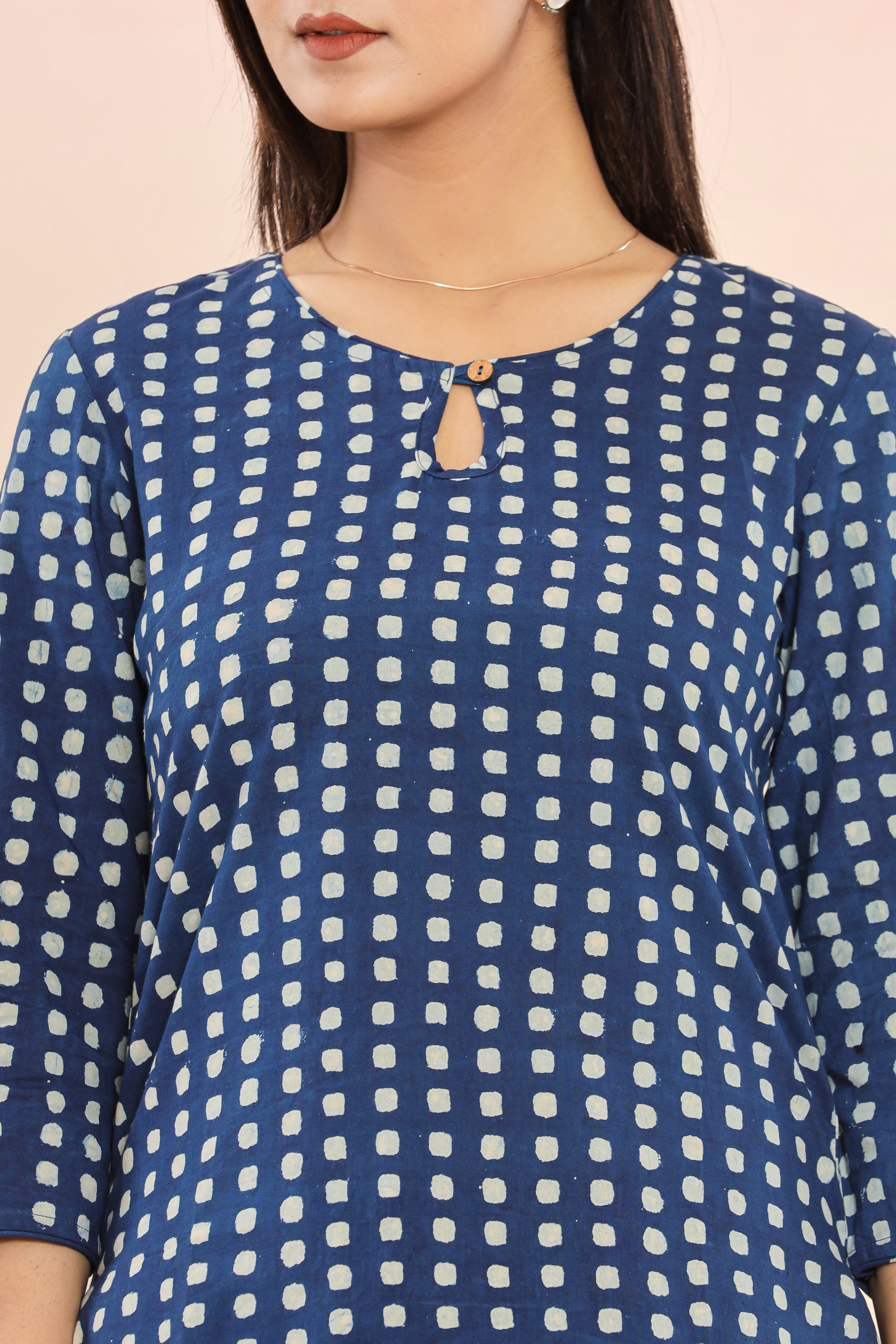 Indigo Choti Chowk Geometric Hand Block Printed Womens Tops