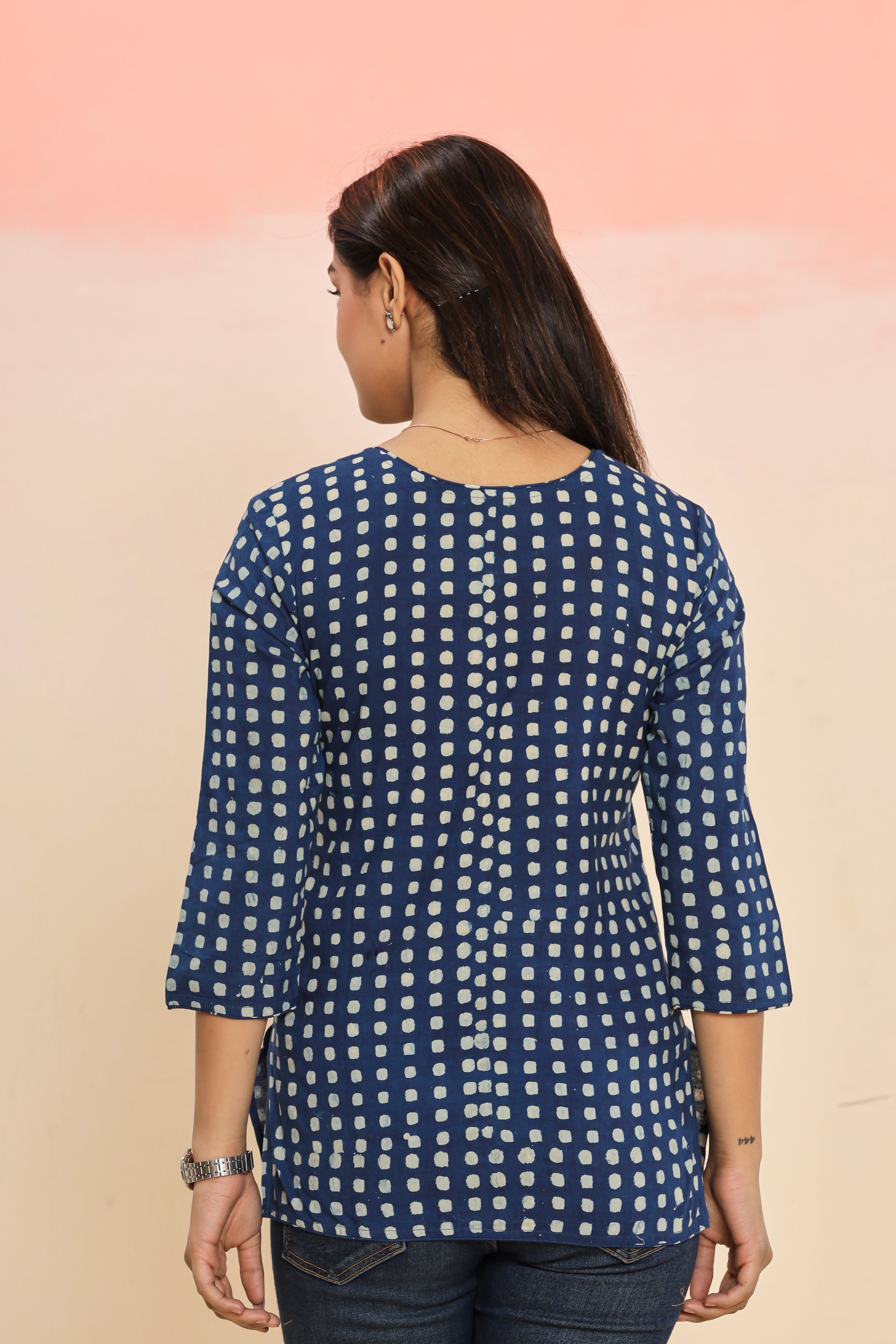 Indigo Choti Chowk Geometric Hand Block Printed Womens Tops