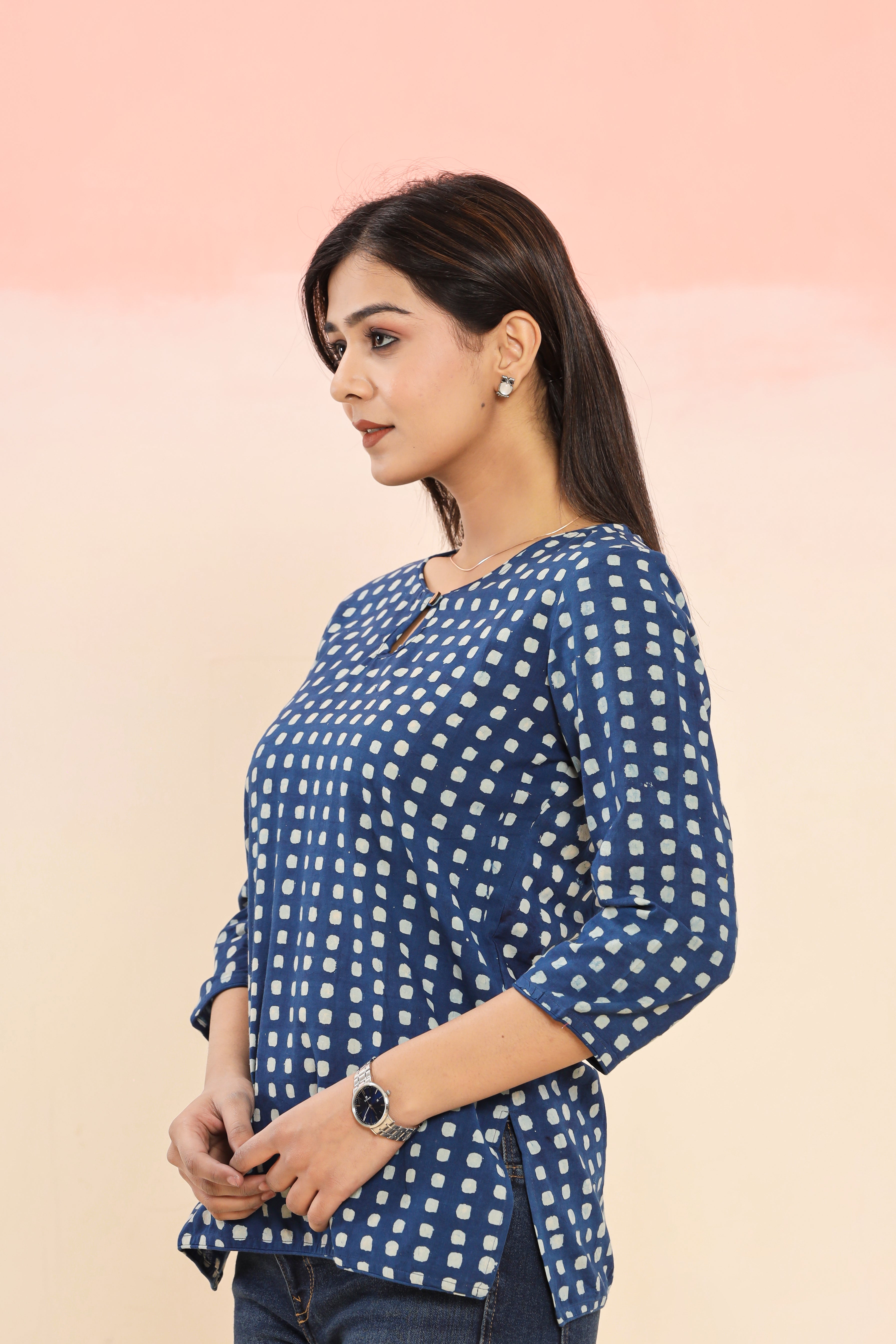 Indigo Choti Chowk Geometric Hand Block Printed Womens Tops