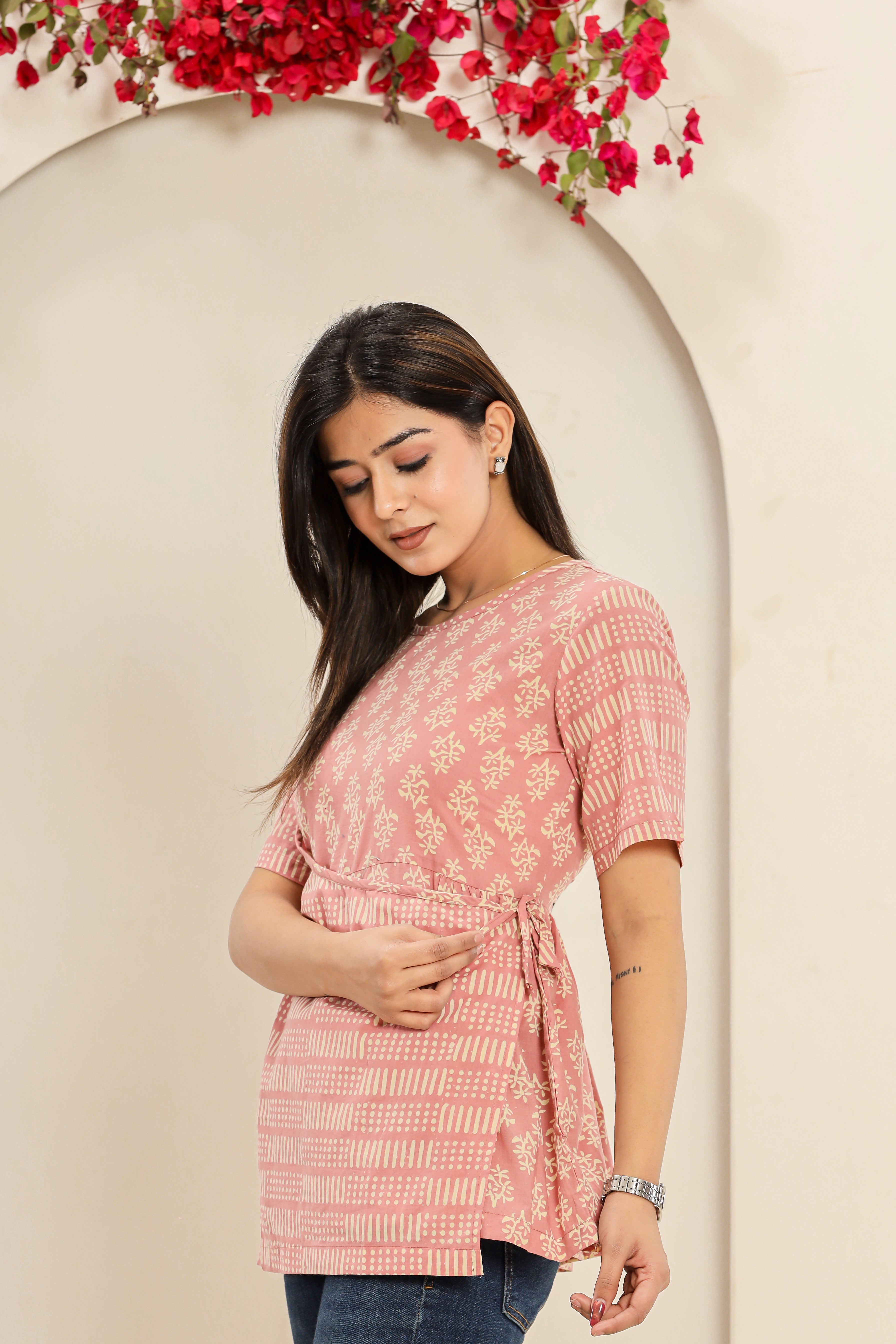 Dusty Pink Phool Angrakha Womens Hand Block Printed Tops