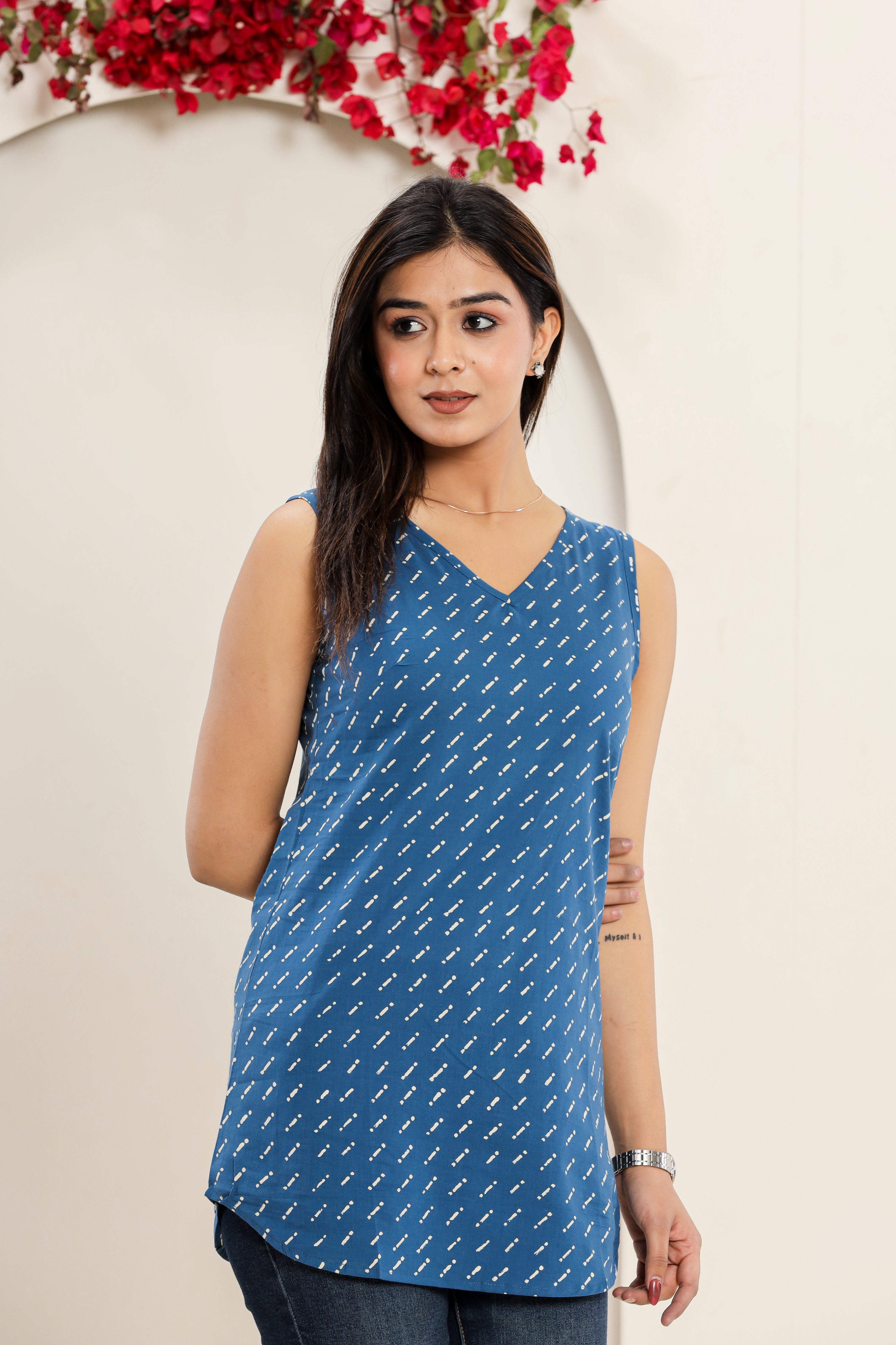 Morse Code Print Sleeveless Hand Block Printed Womens Tops