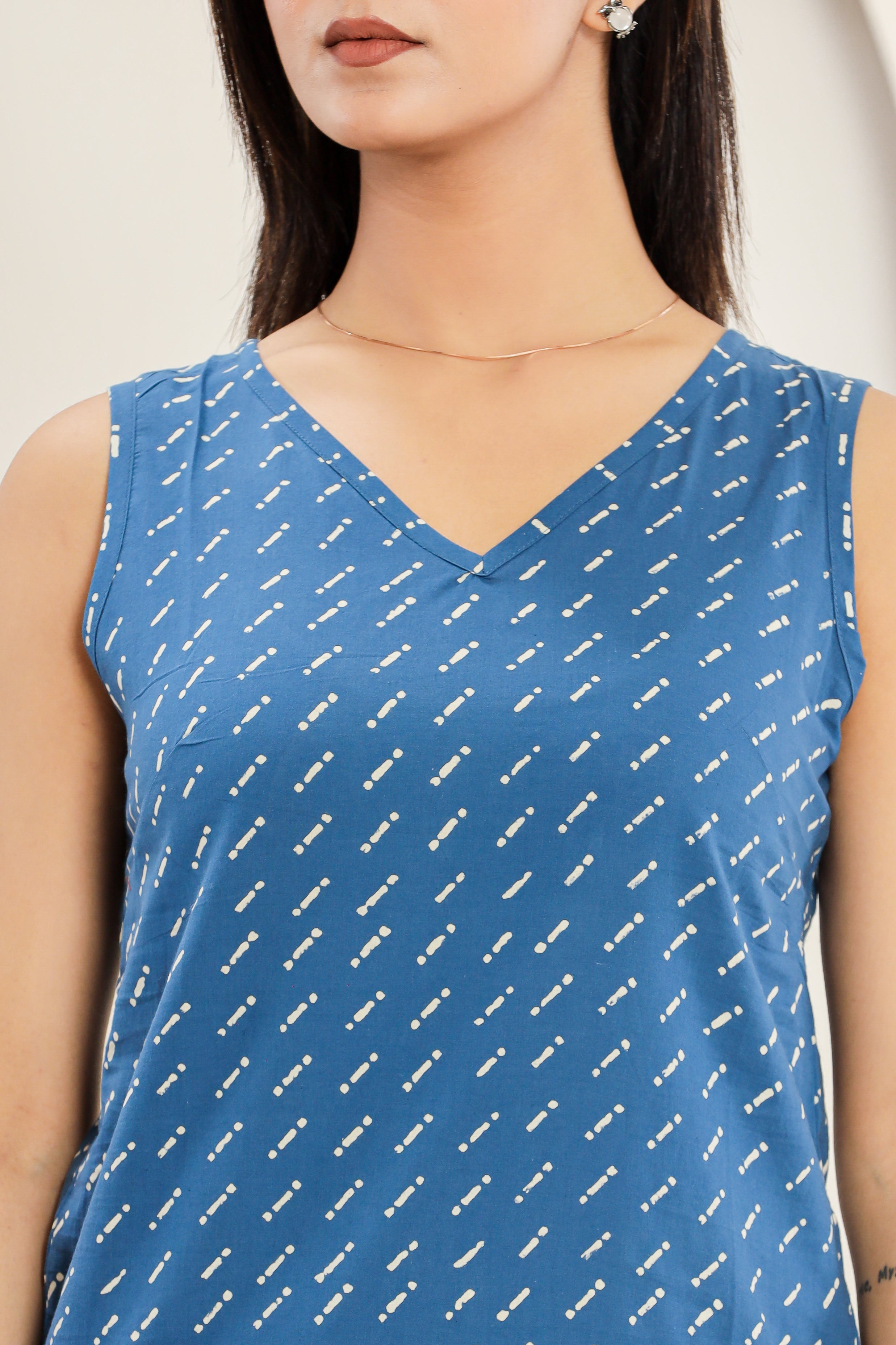 Morse Code Print Sleeveless Hand Block Printed Womens Tops