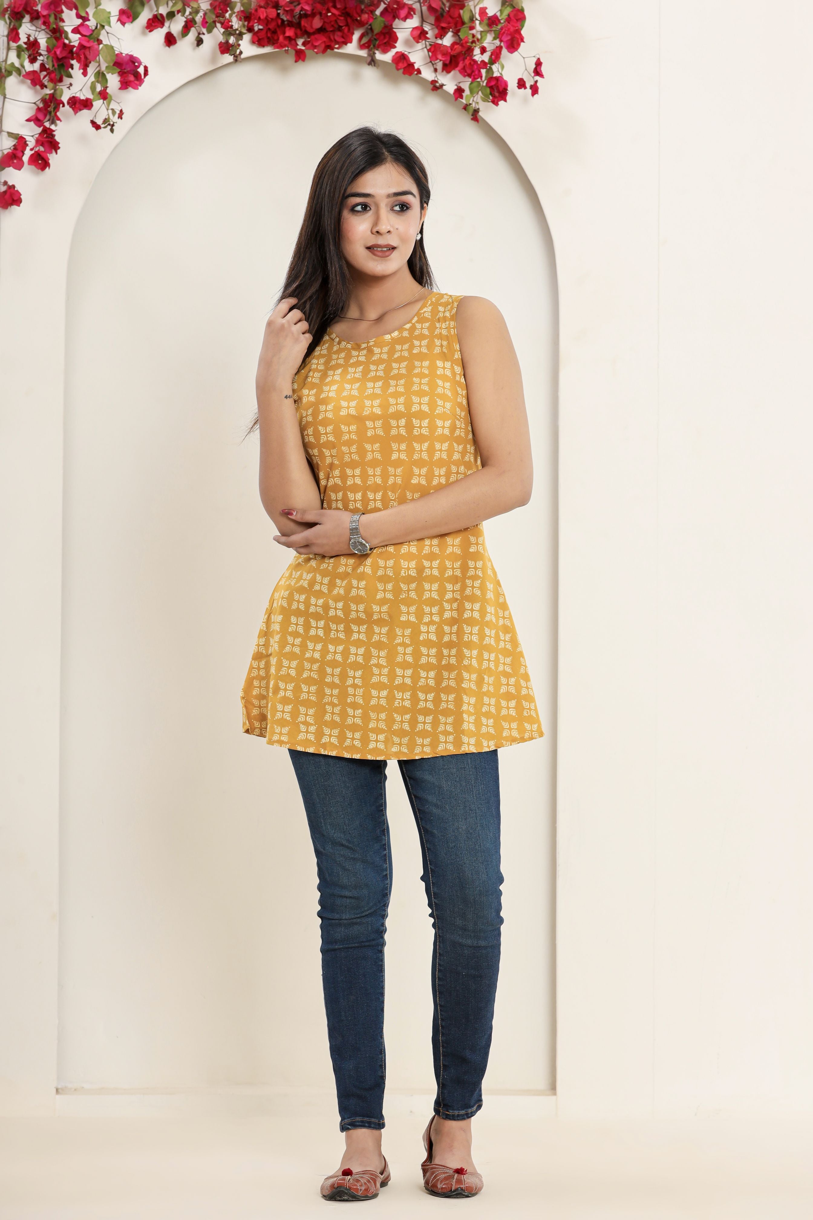 Doodle Tesselation Print Sleeveless Hand Block Printed Womens Tops