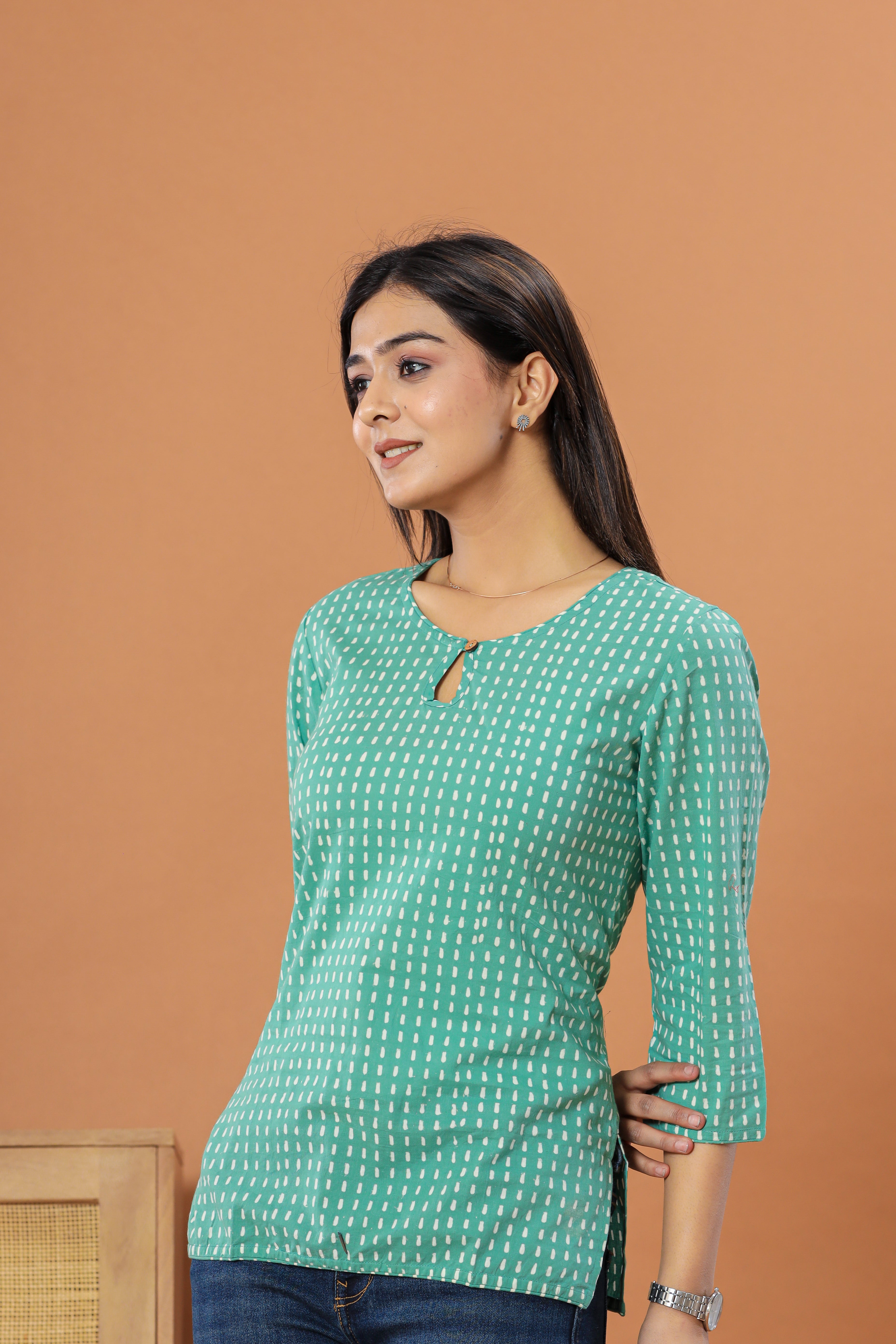 Sea Green Kantha Stitch Look Hand Block Printed Womens Tops