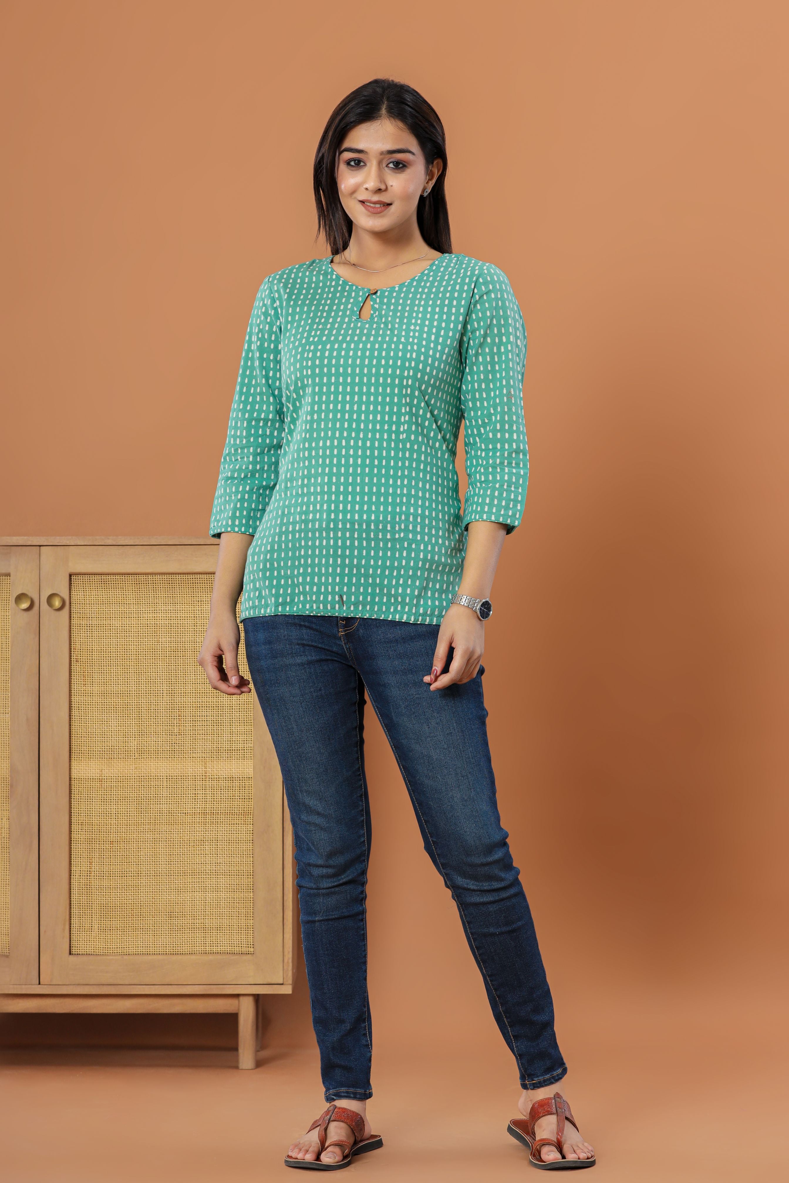 Sea Green Kantha Stitch Look Hand Block Printed Womens Tops