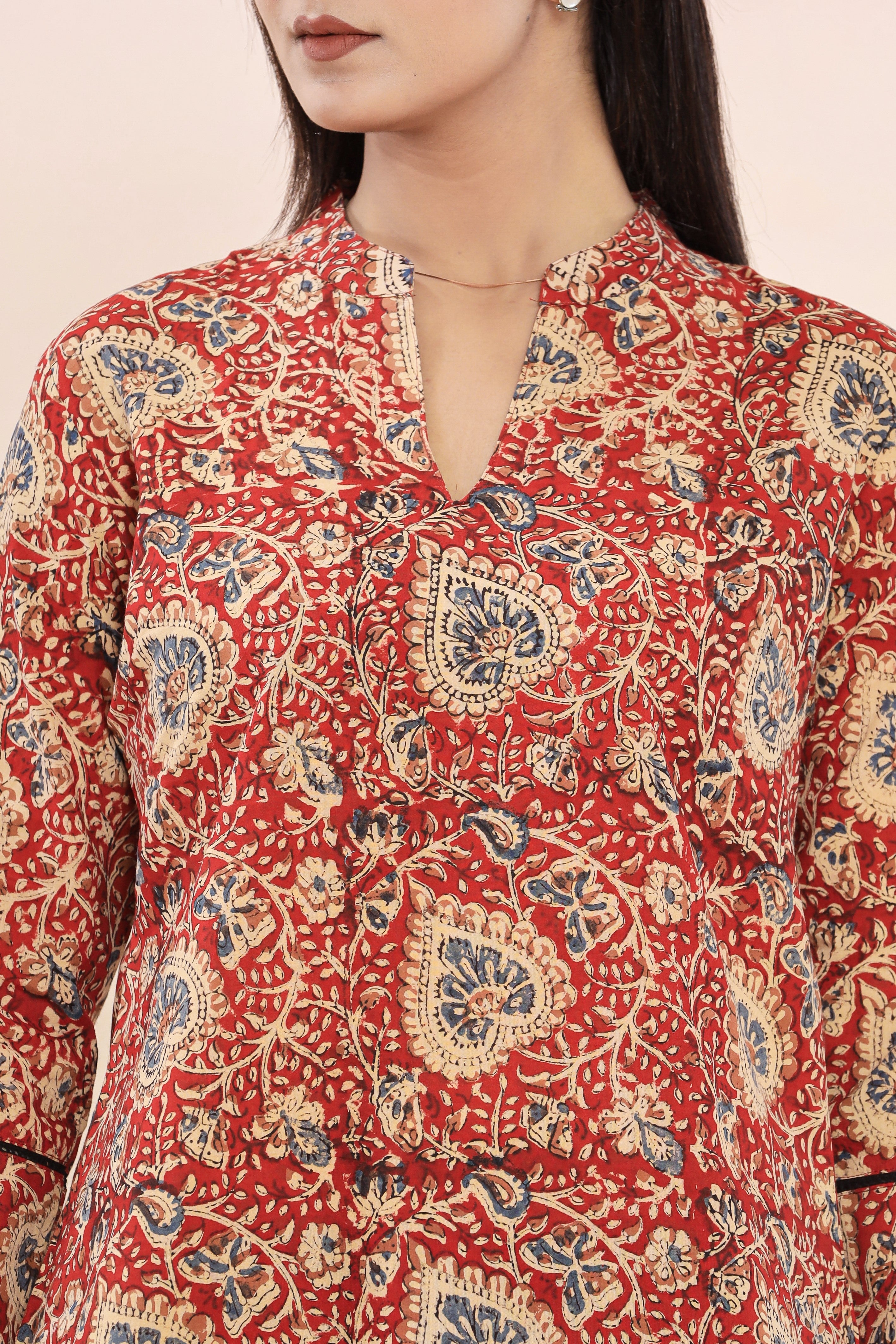 Bagru Red Kalamkari Hand Block Printed Womens Tops