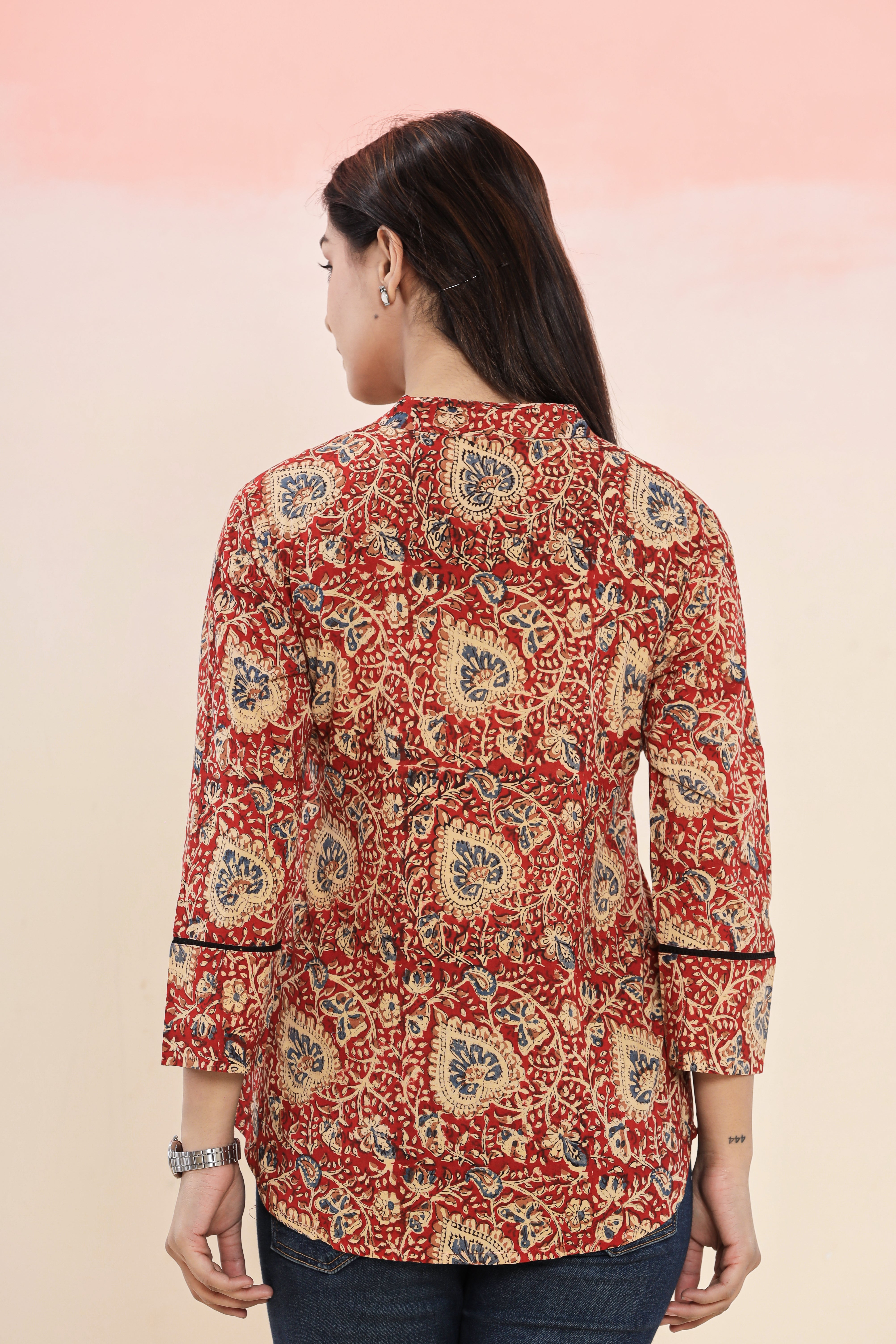 Bagru Red Kalamkari Hand Block Printed Womens Tops