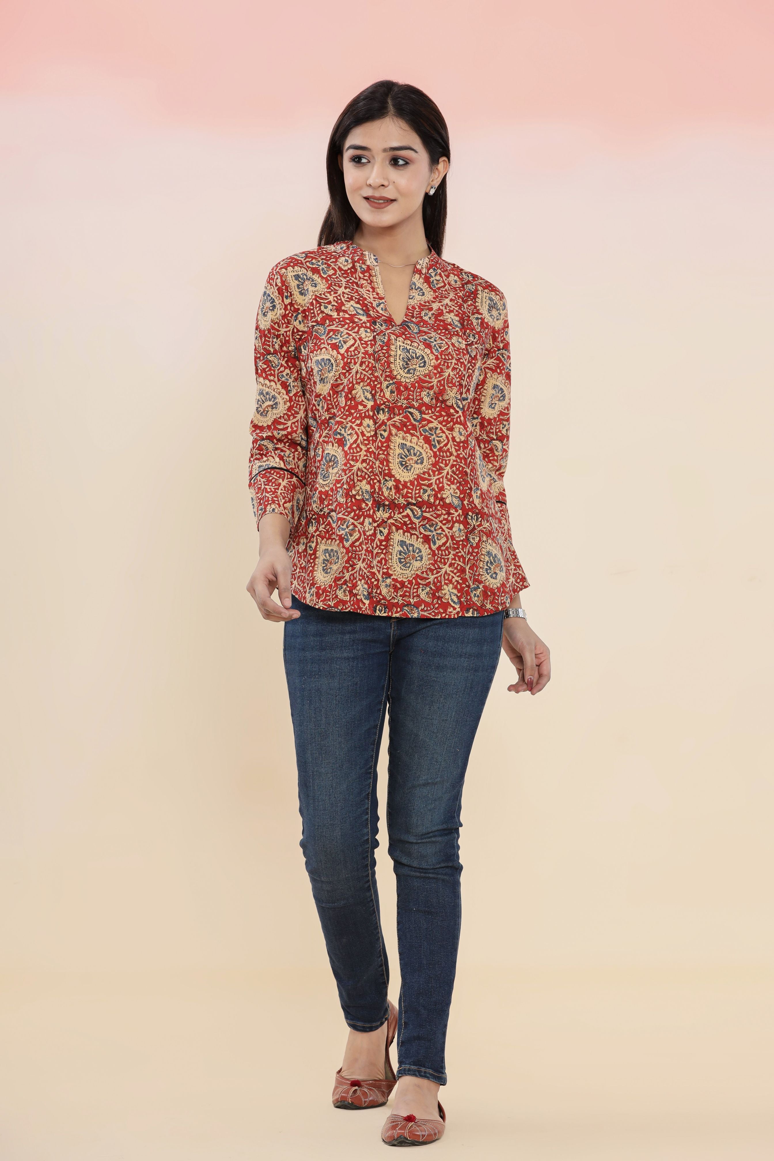 Bagru Red Kalamkari Hand Block Printed Womens Tops