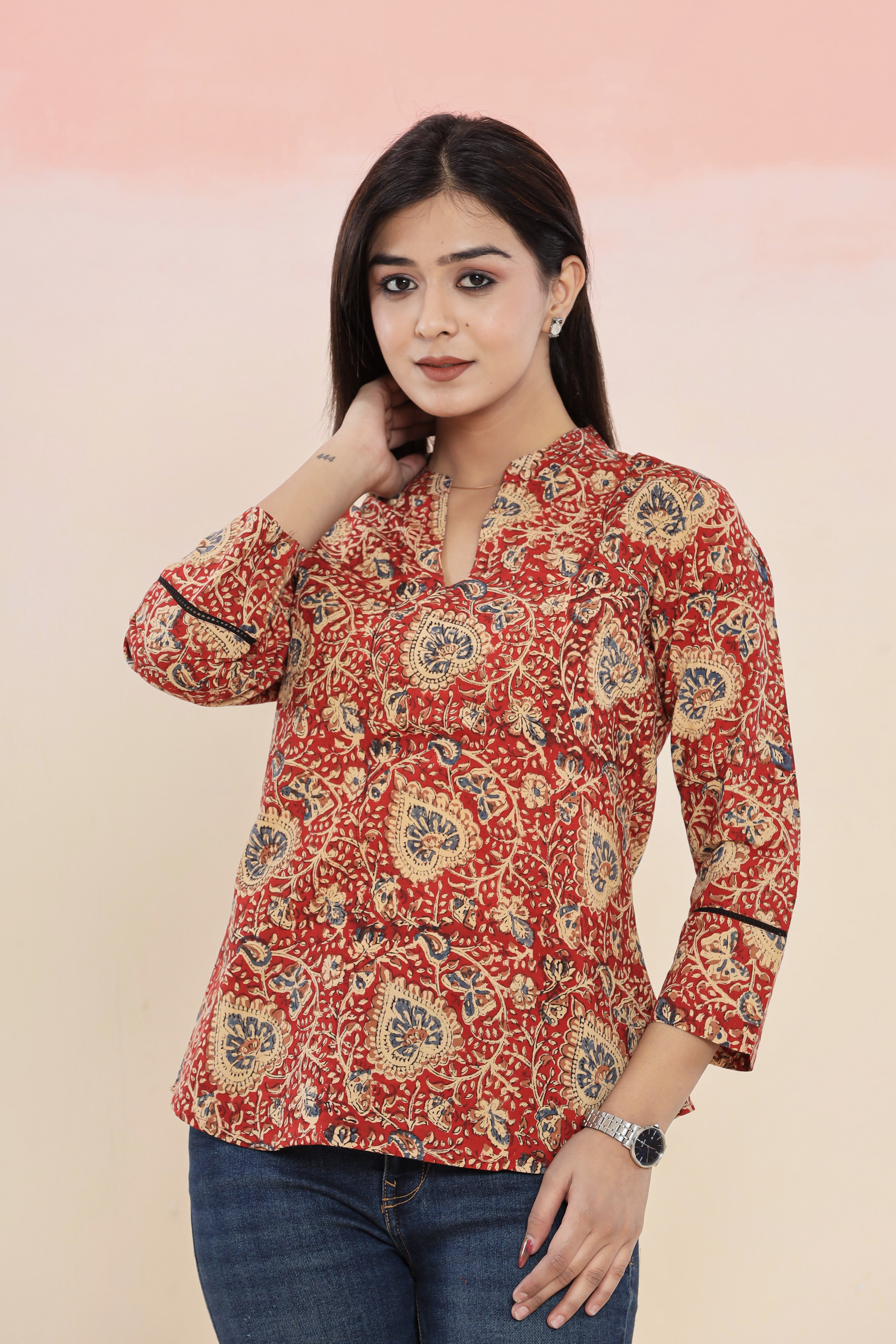 Bagru Red Kalamkari Hand Block Printed Womens Tops