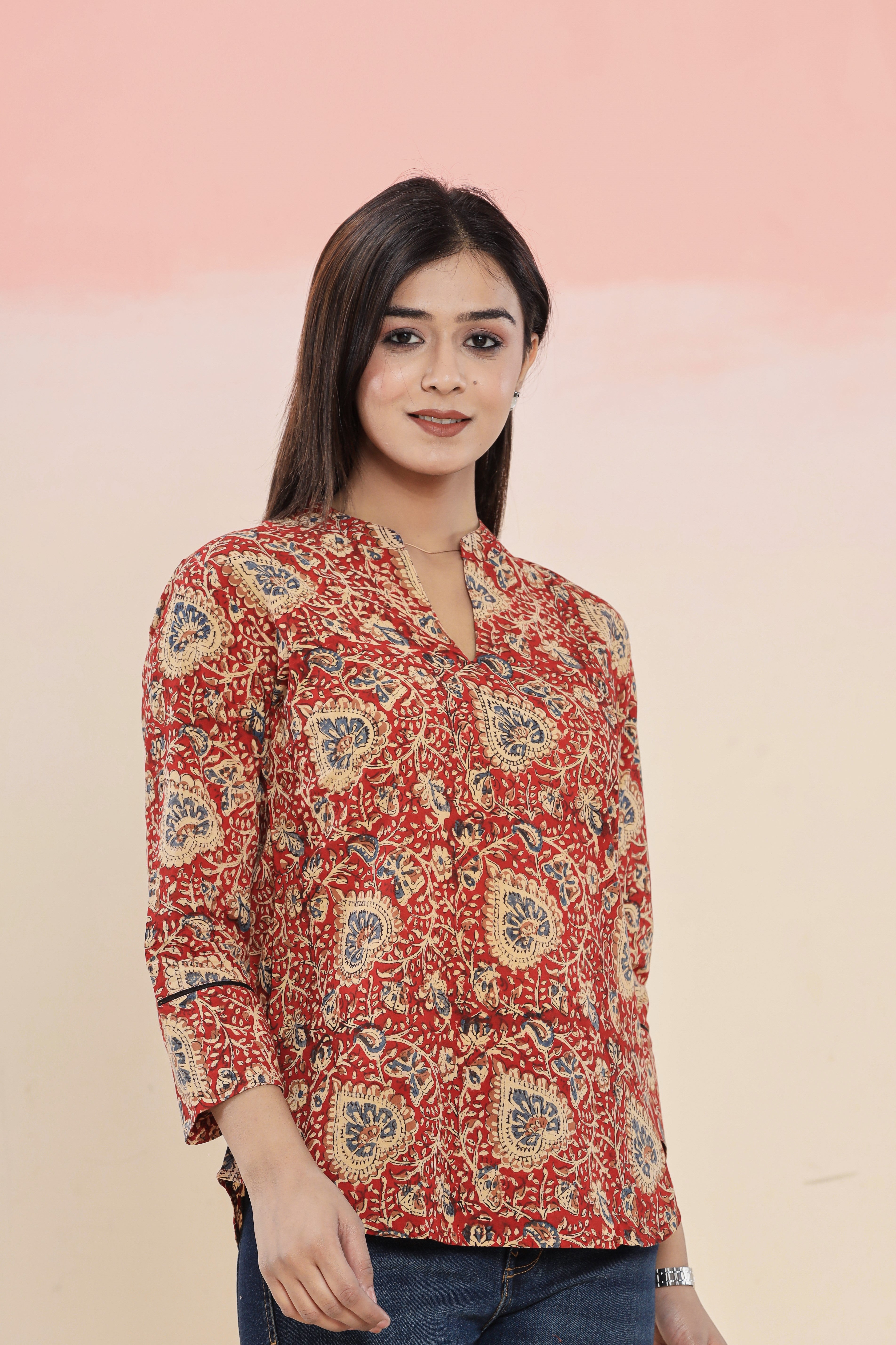 Bagru Red Kalamkari Hand Block Printed Womens Tops