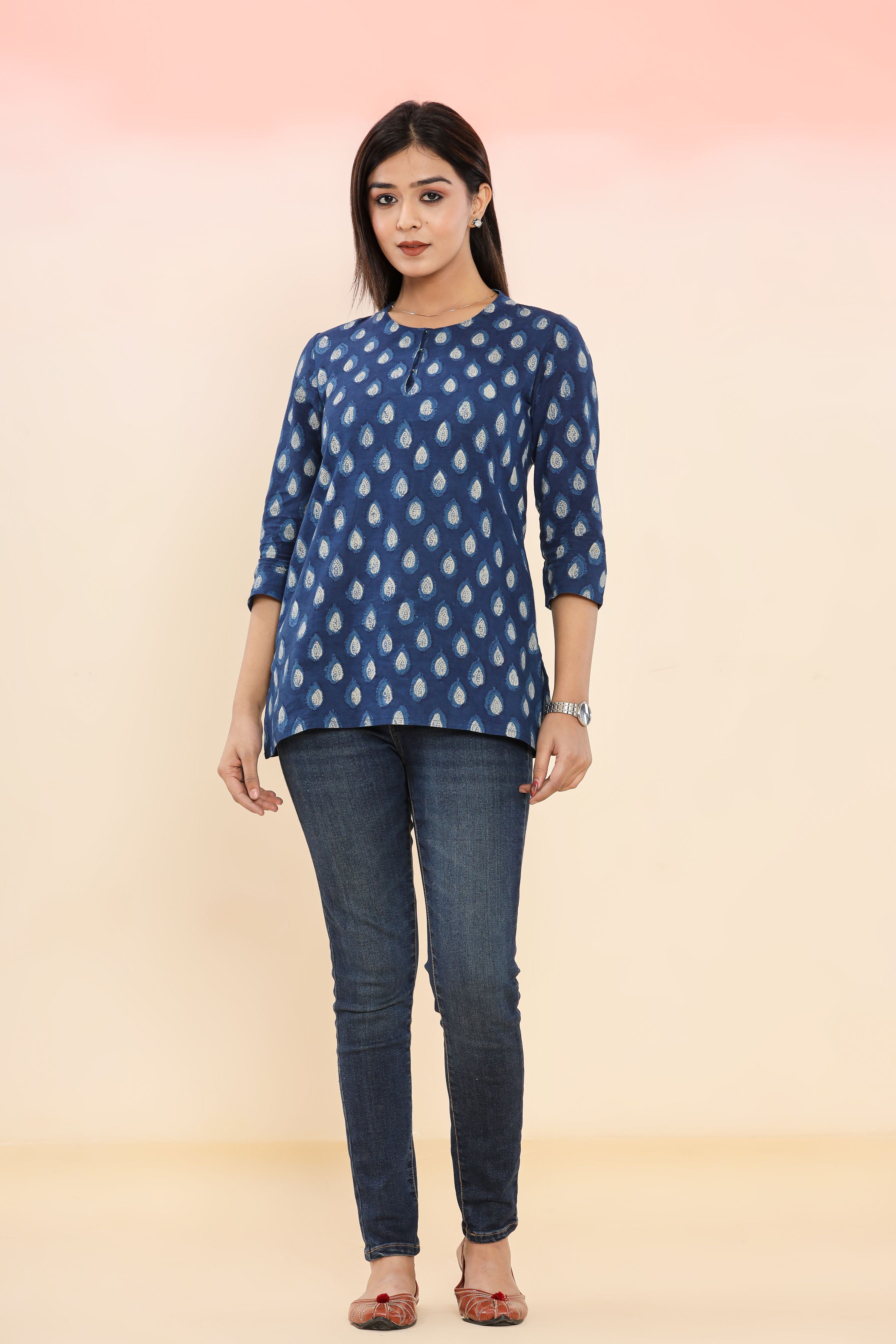 Jalta Diya Indigo Booti Hand Block Printed Womens Tops