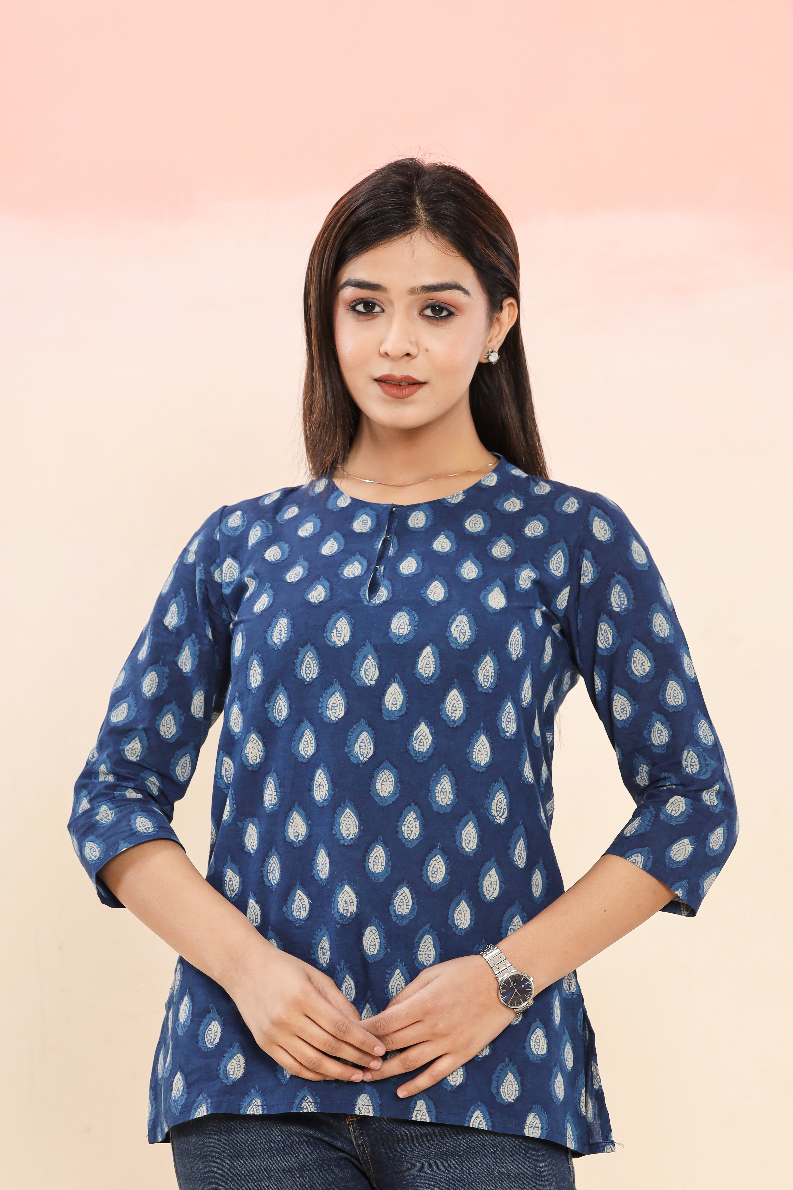 Jalta Diya Indigo Booti Hand Block Printed Womens Tops