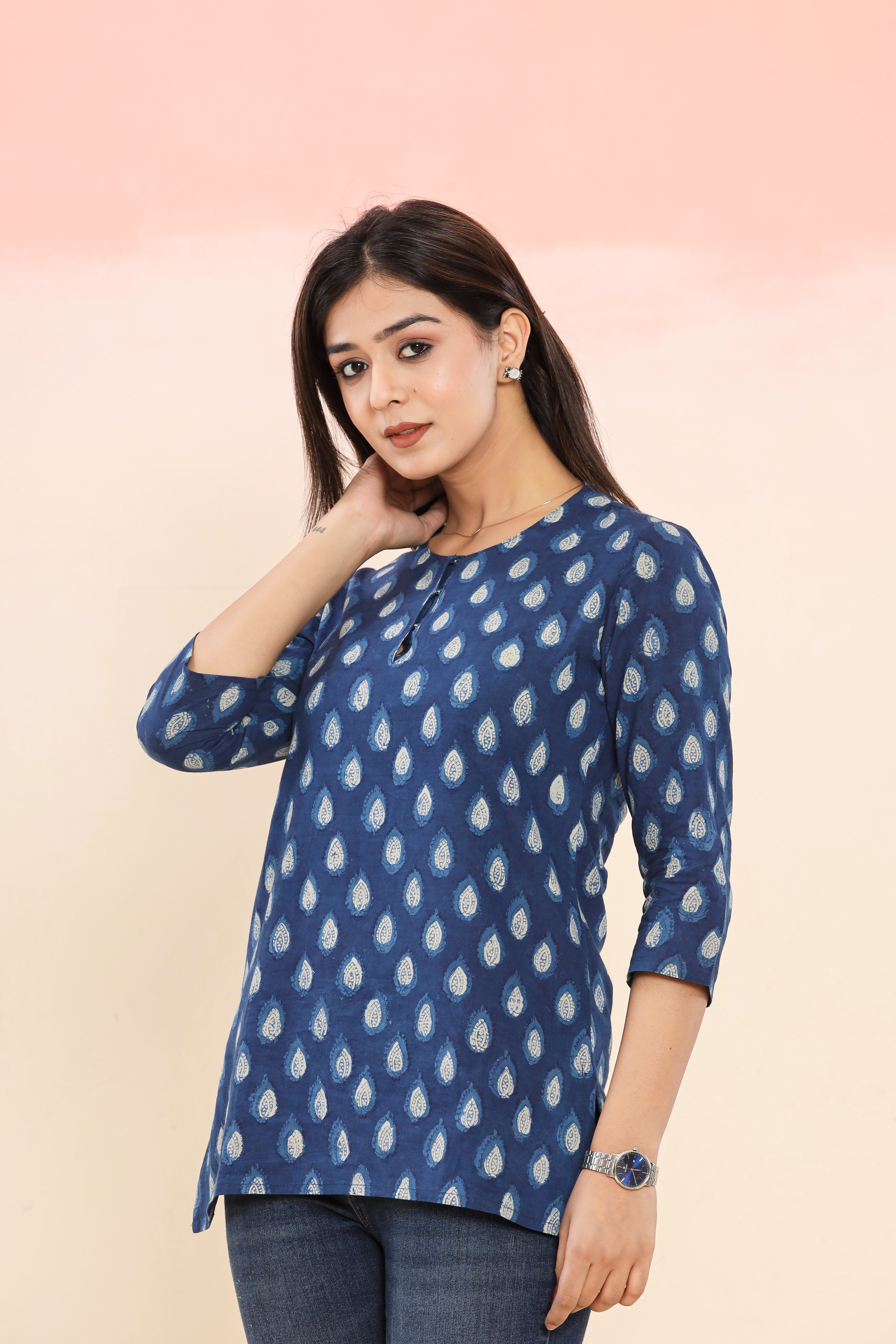 Jalta Diya Indigo Booti Hand Block Printed Womens Tops