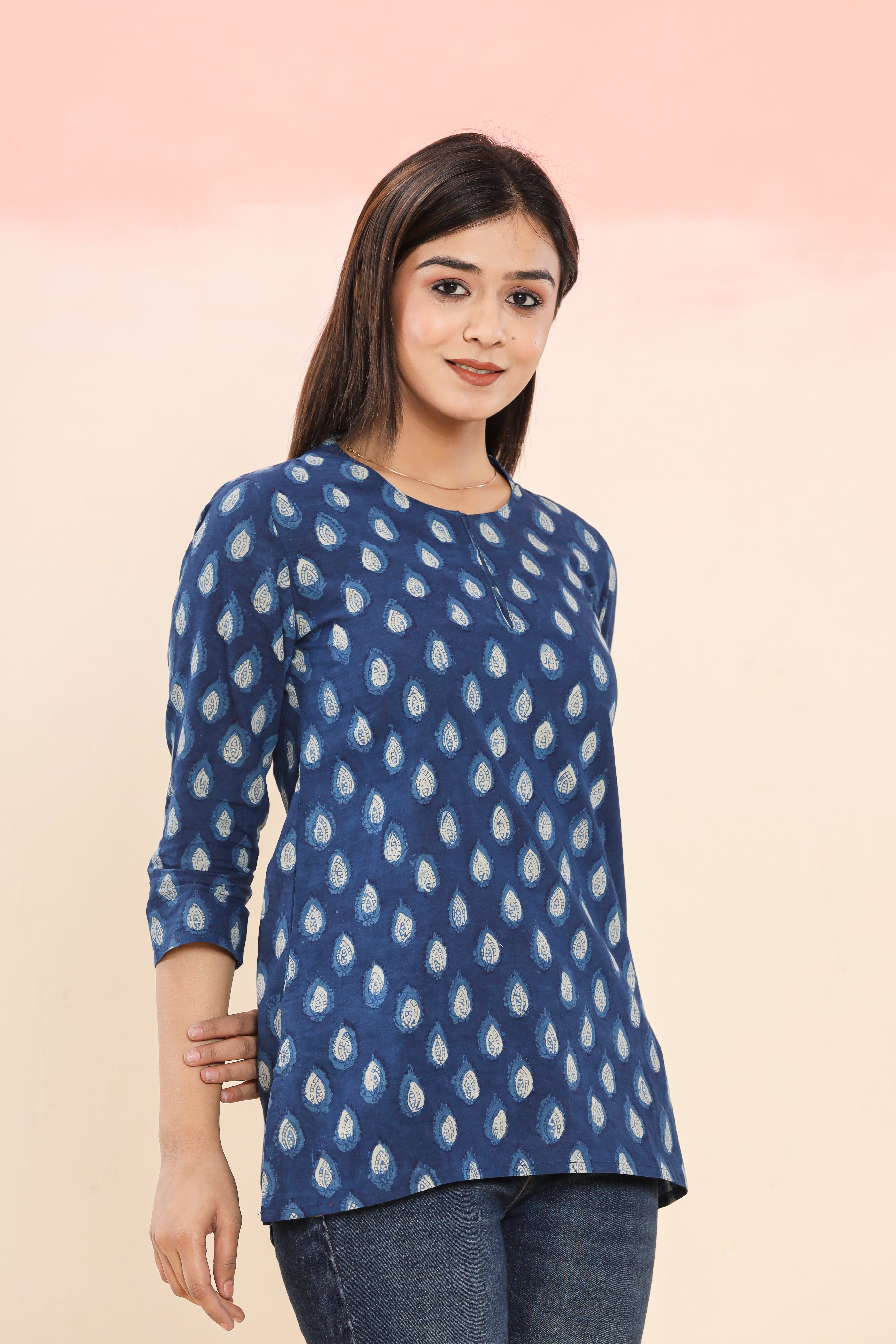 Jalta Diya Indigo Booti Hand Block Printed Womens Tops