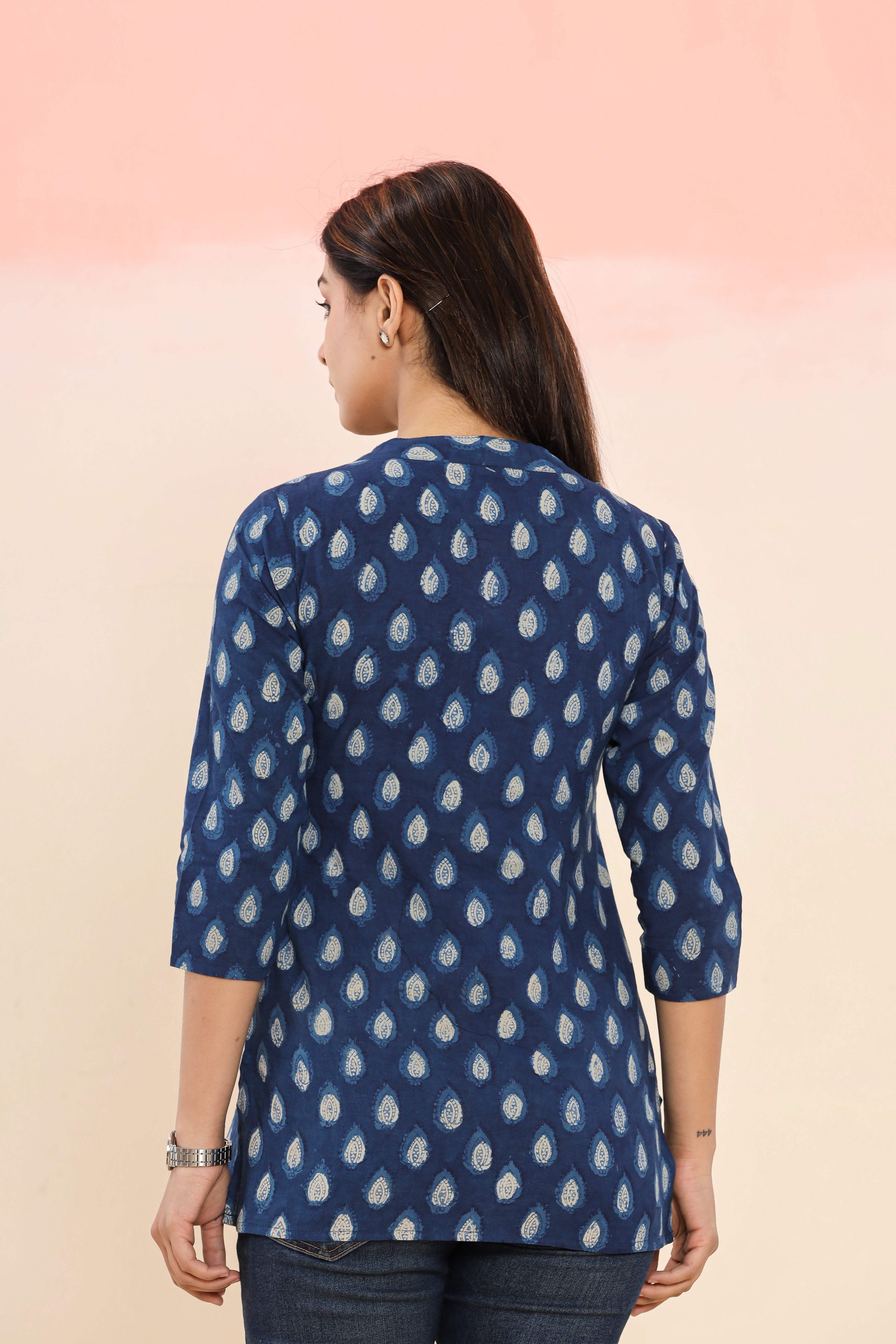 Jalta Diya Indigo Booti Hand Block Printed Womens Tops