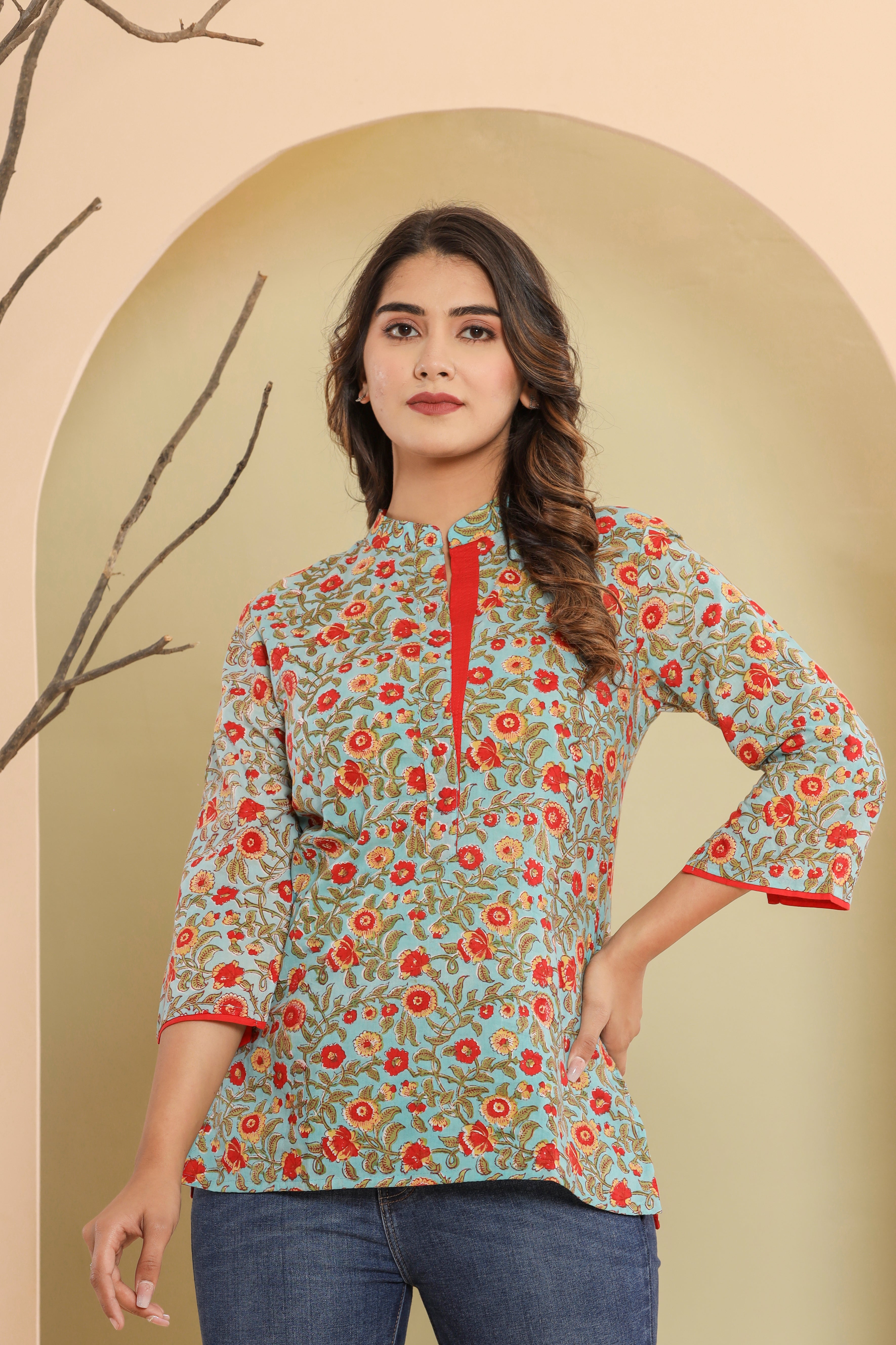 Aasmani Barsaati Jaal Womens Hand Block Printed Tops