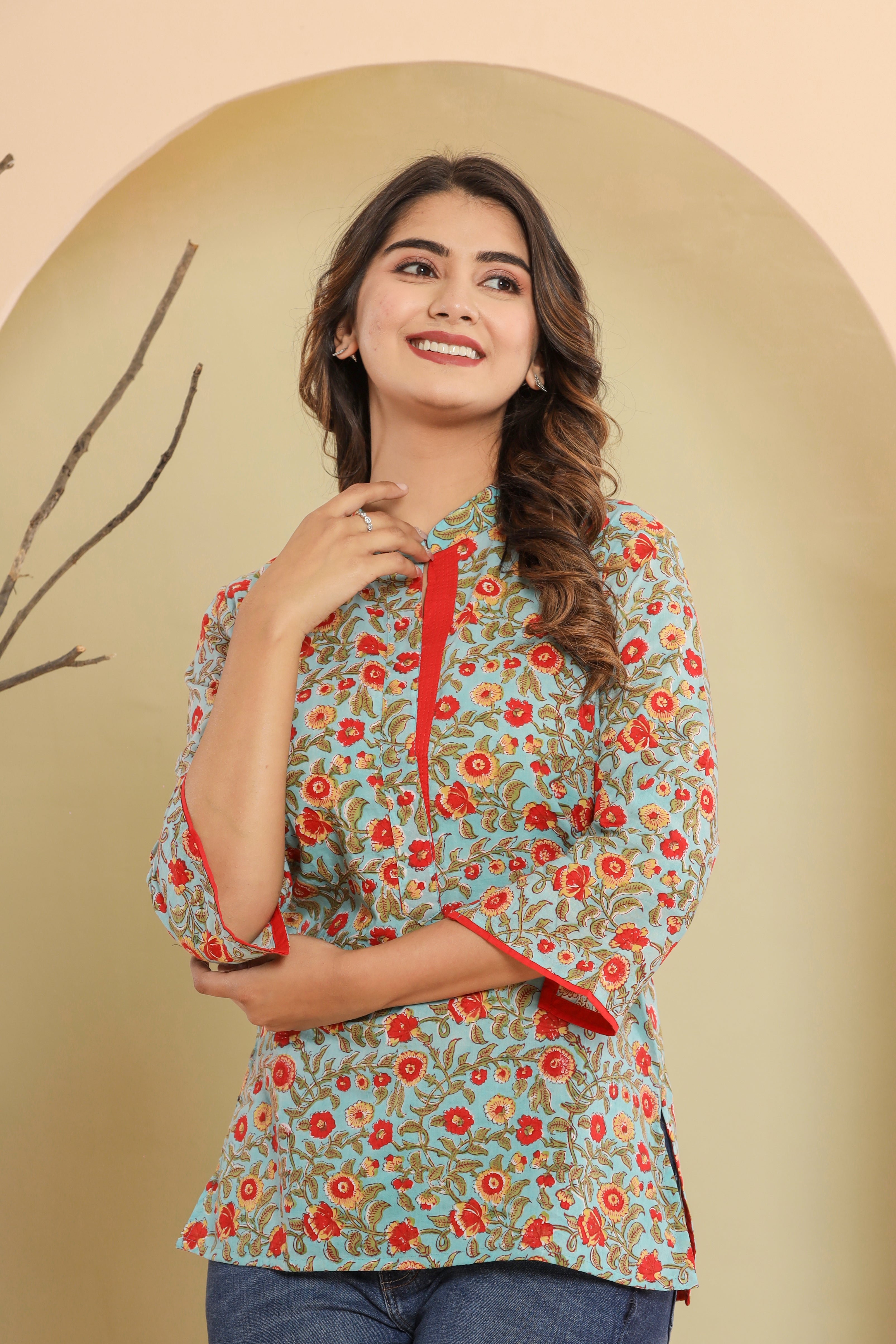 Aasmani Barsaati Jaal Womens Hand Block Printed Tops