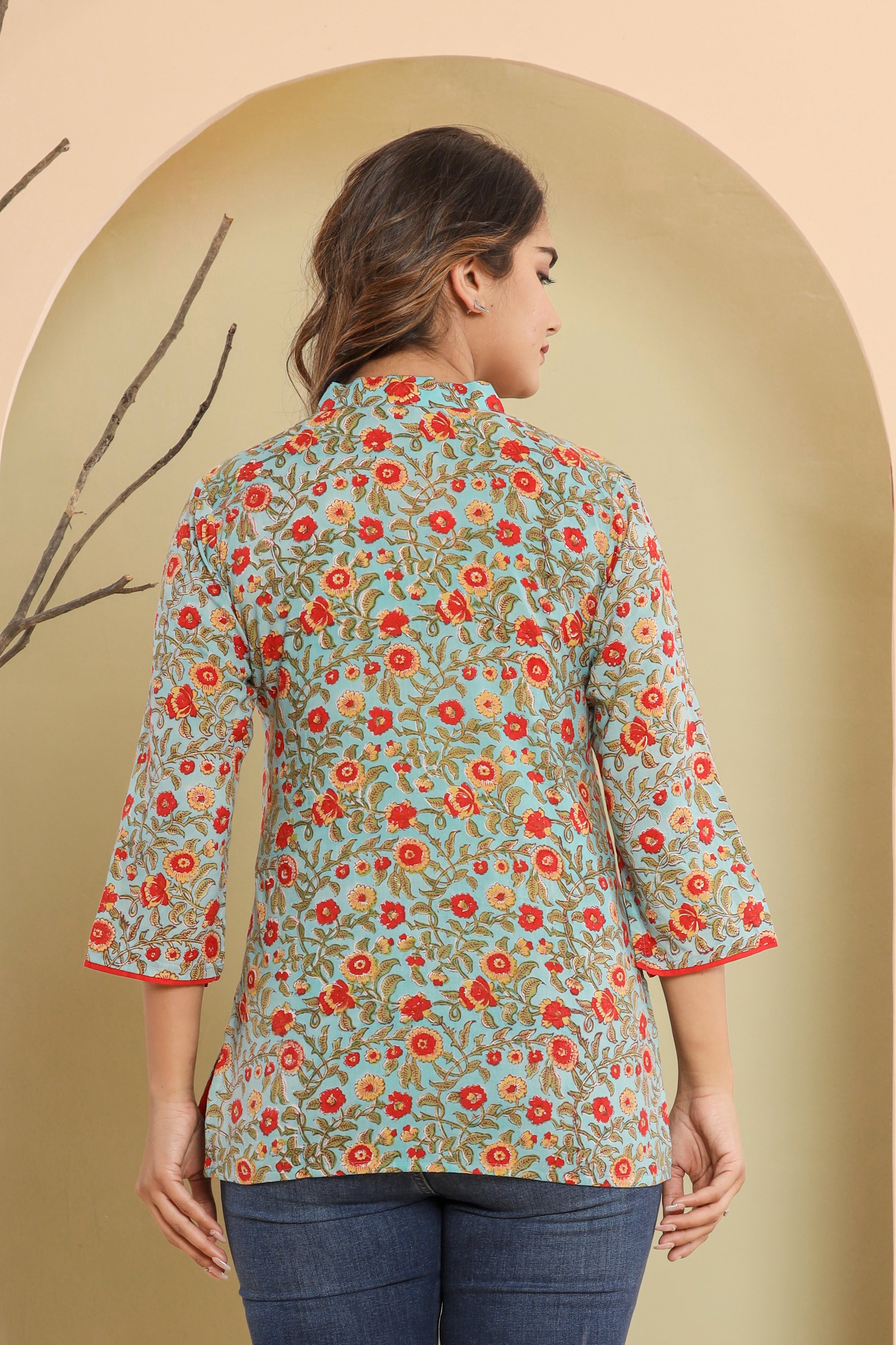 Aasmani Barsaati Jaal Womens Hand Block Printed Tops