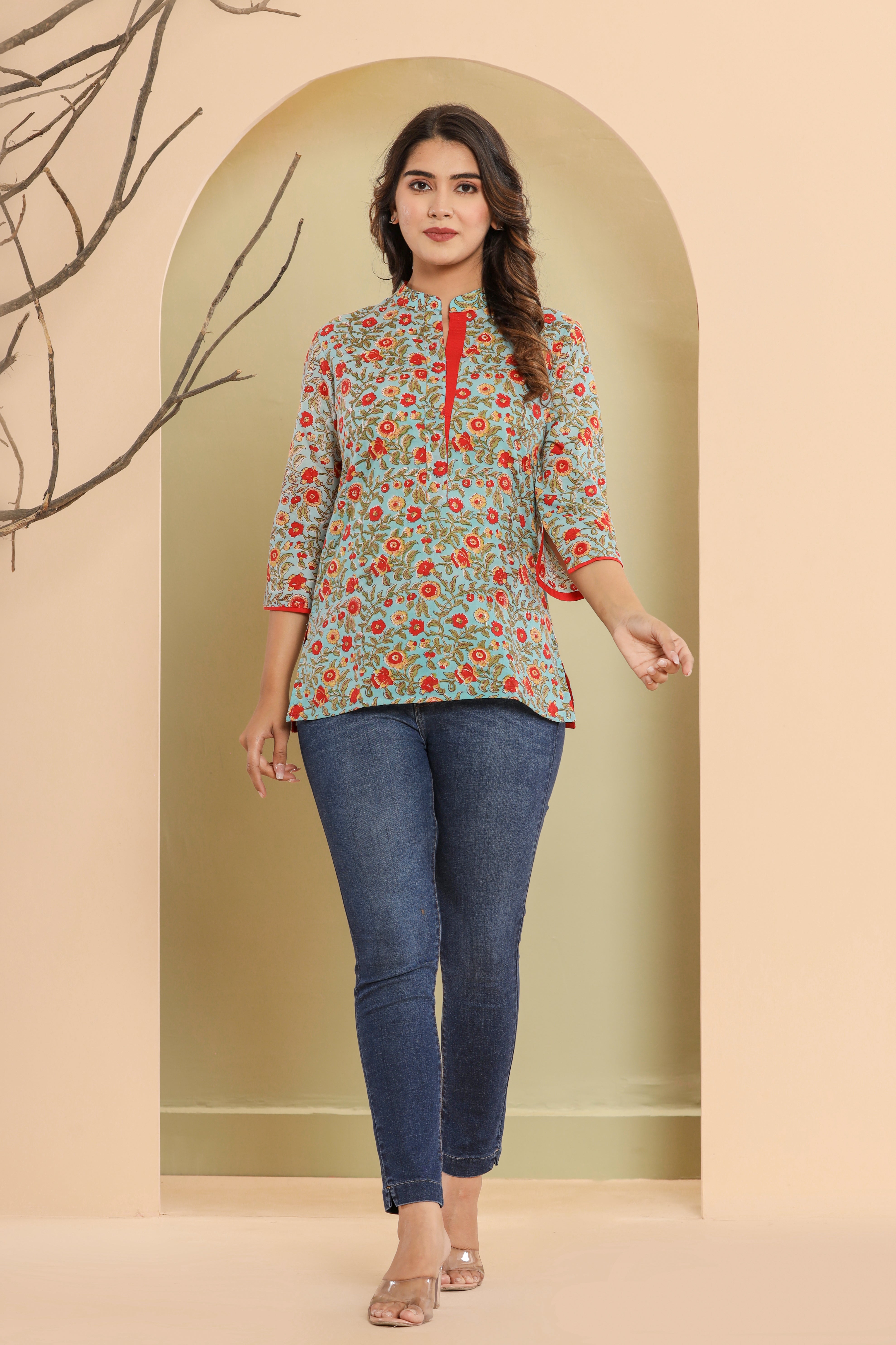 Aasmani Barsaati Jaal Womens Hand Block Printed Tops