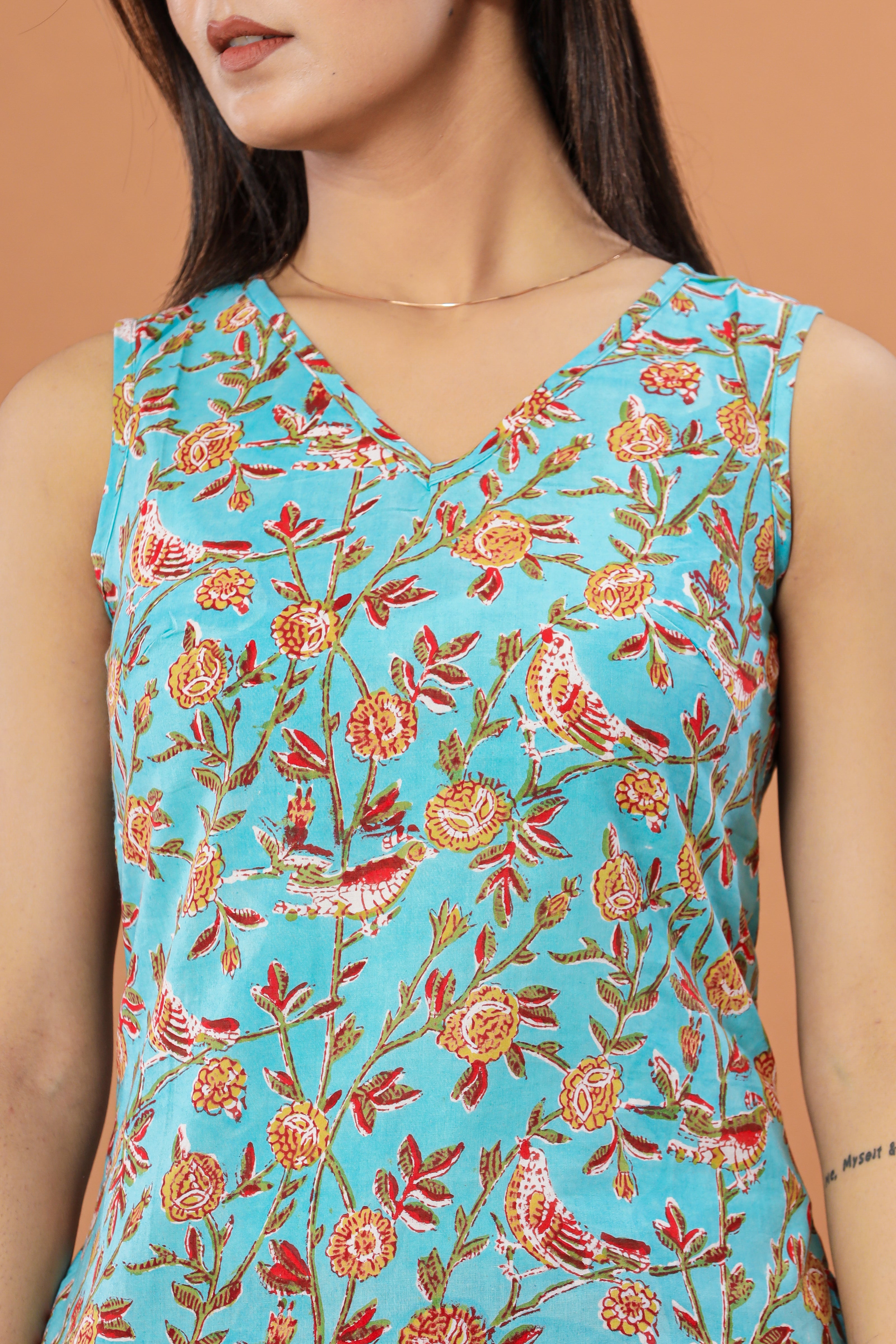 Birdy Floral Jaal Print Sleeveless Hand Block Printed Womens Tops
