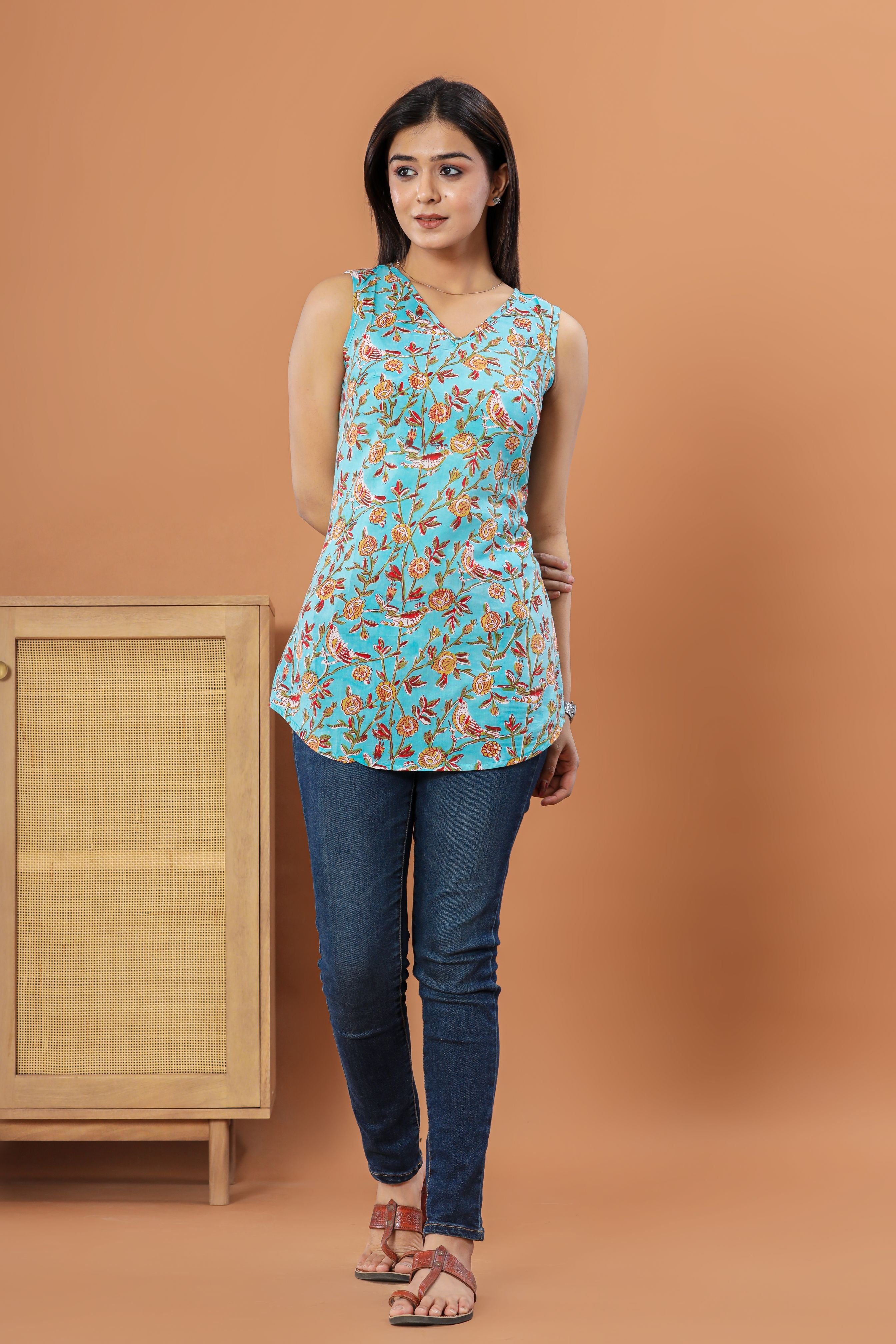 Birdy Floral Jaal Print Sleeveless Hand Block Printed Womens Tops