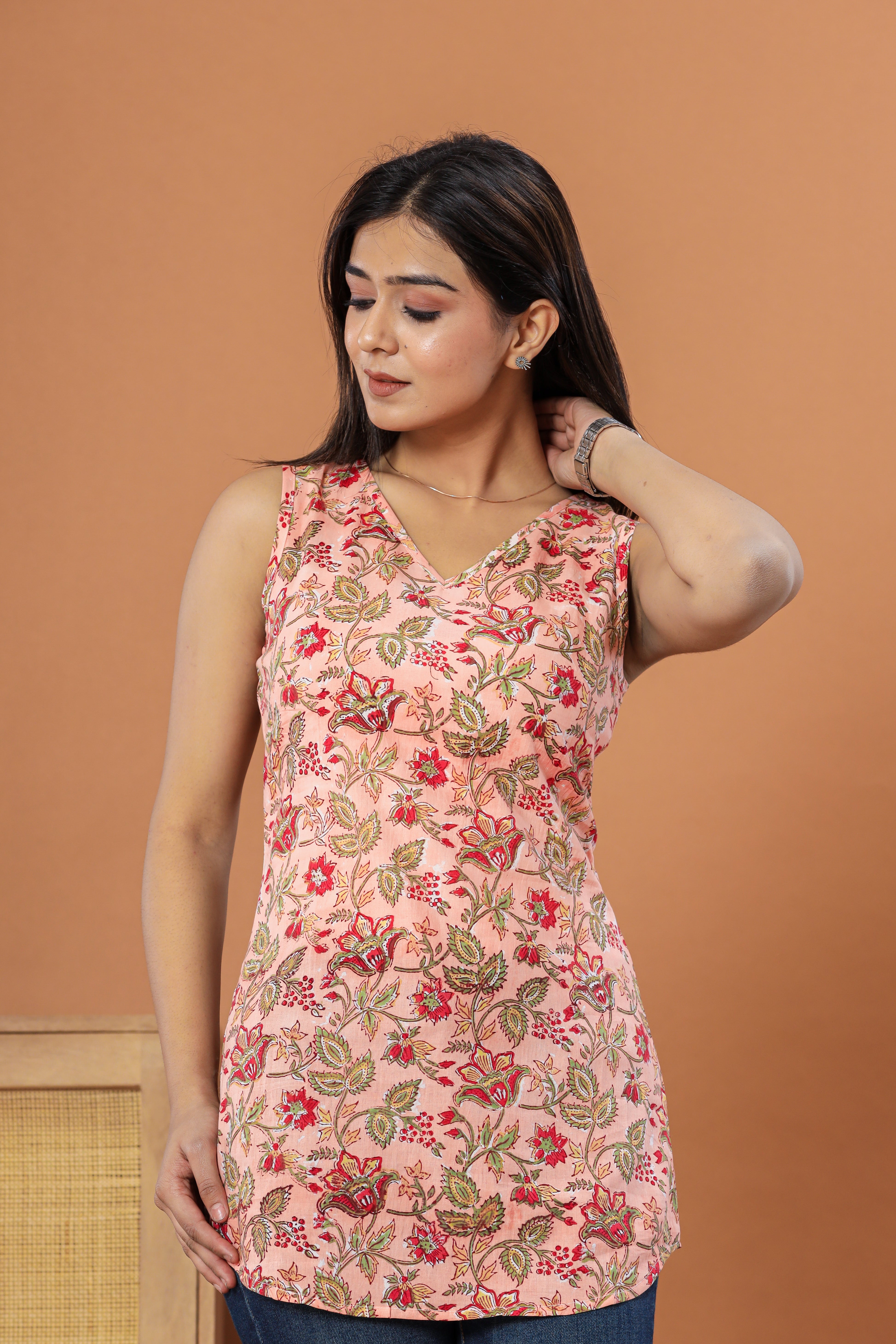 Gulabo Jaal Print Sleeveless Hand Block Printed Womens Tops