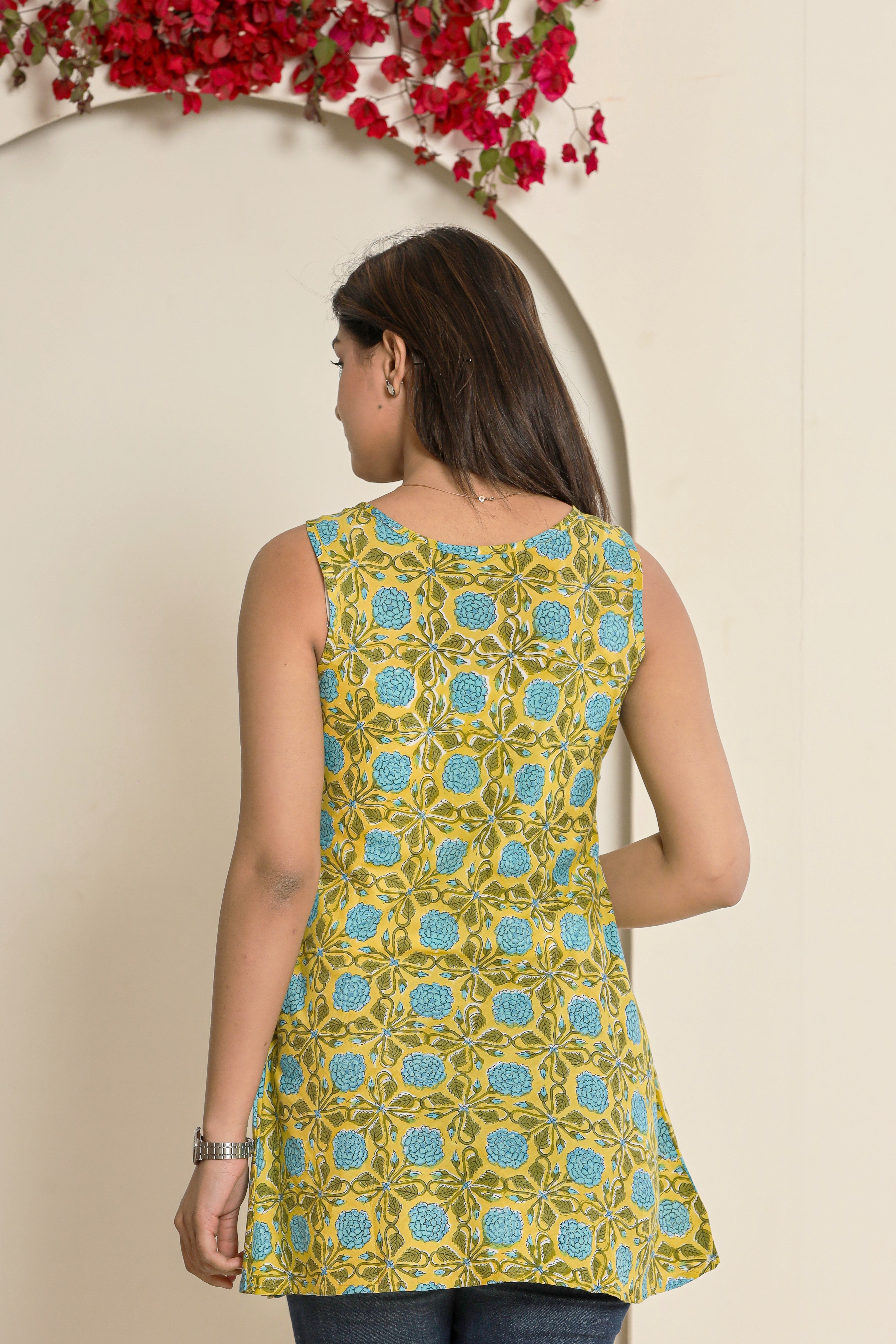 Genda Phool Print Sleeveless Hand Block Printed Womens Tops