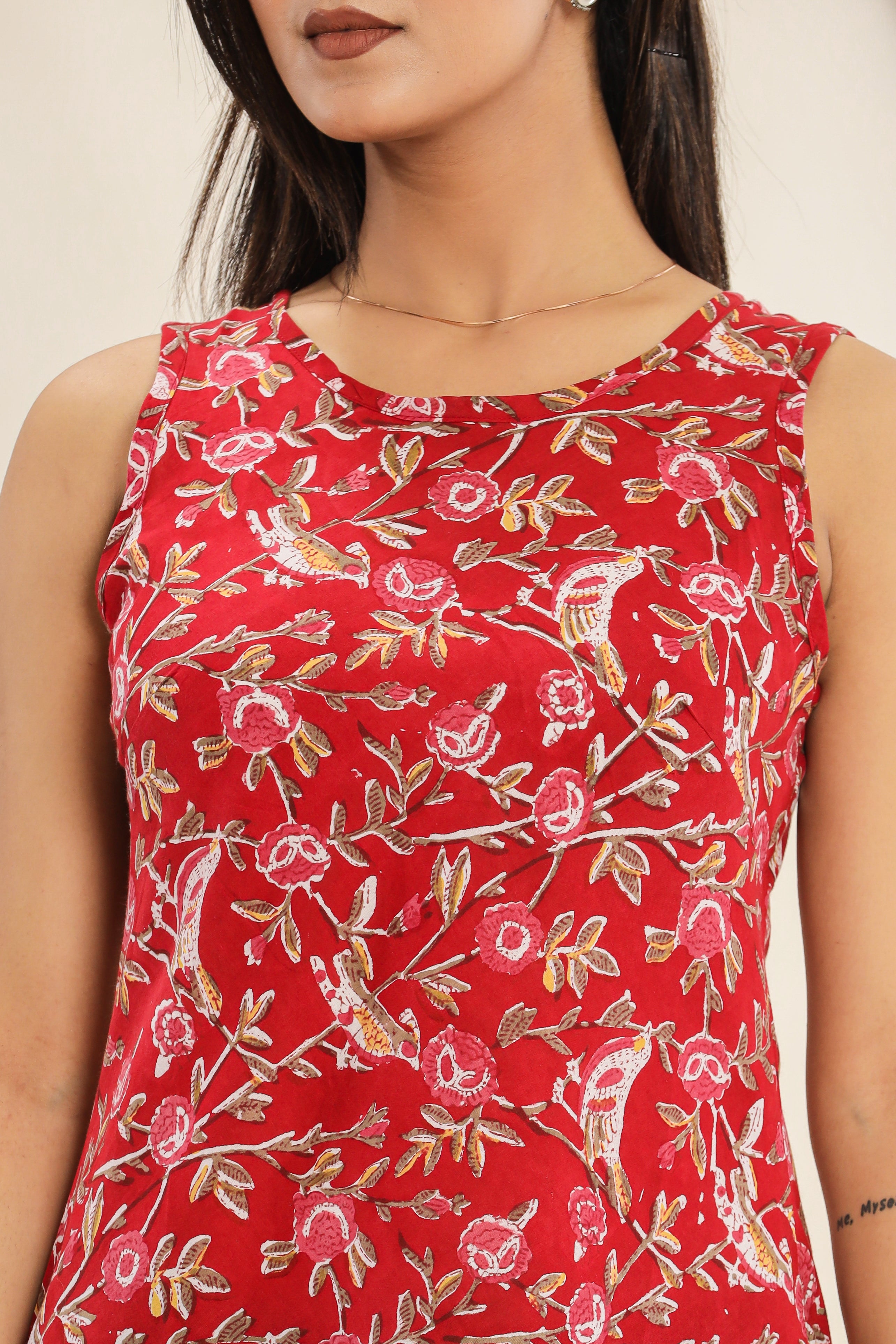 Bird on a Tree Print Sleeveless Hand Block Printed Womens Tops