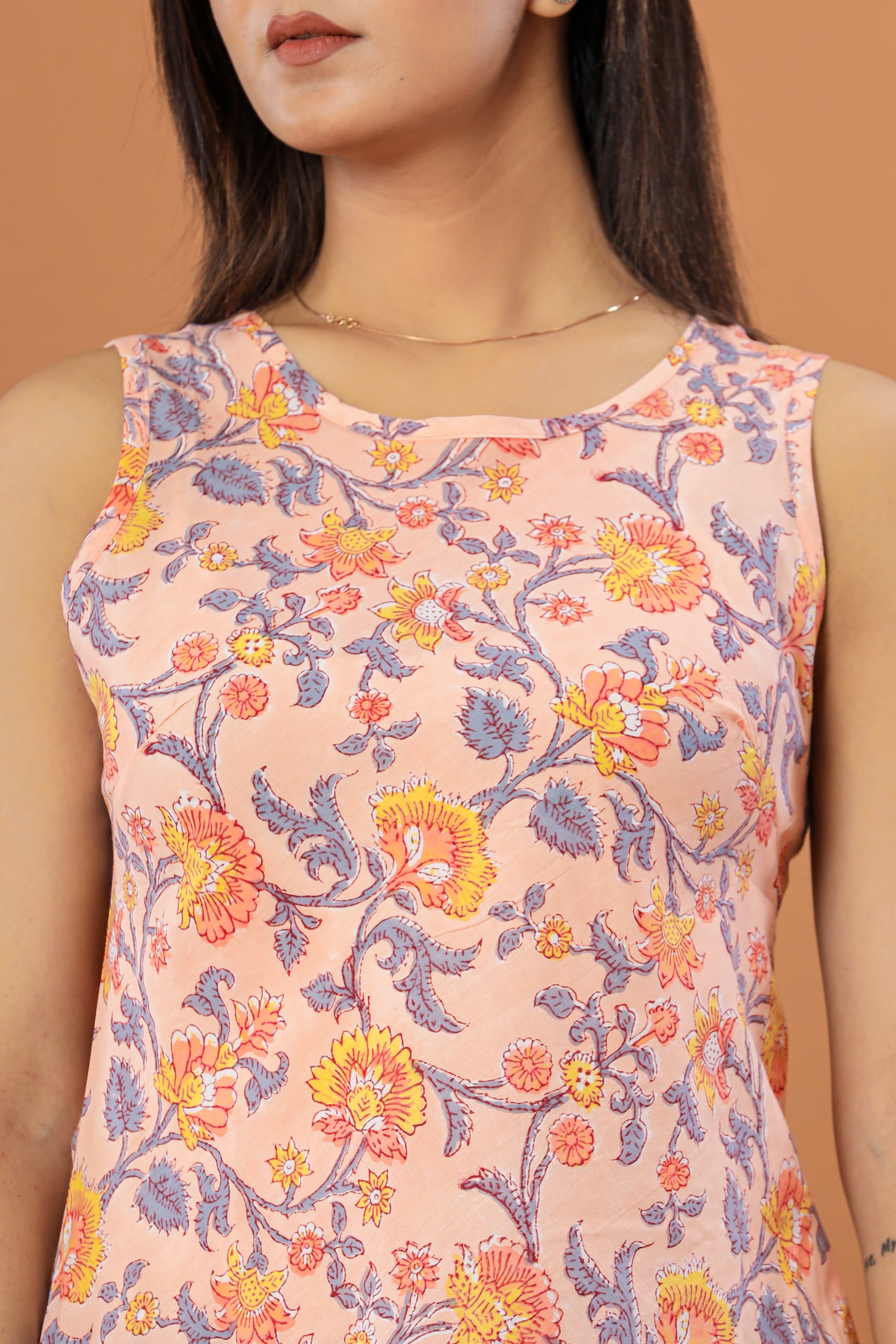 Indian Floral Jaal Print Sleeveless Hand Block Printed Womens Tops