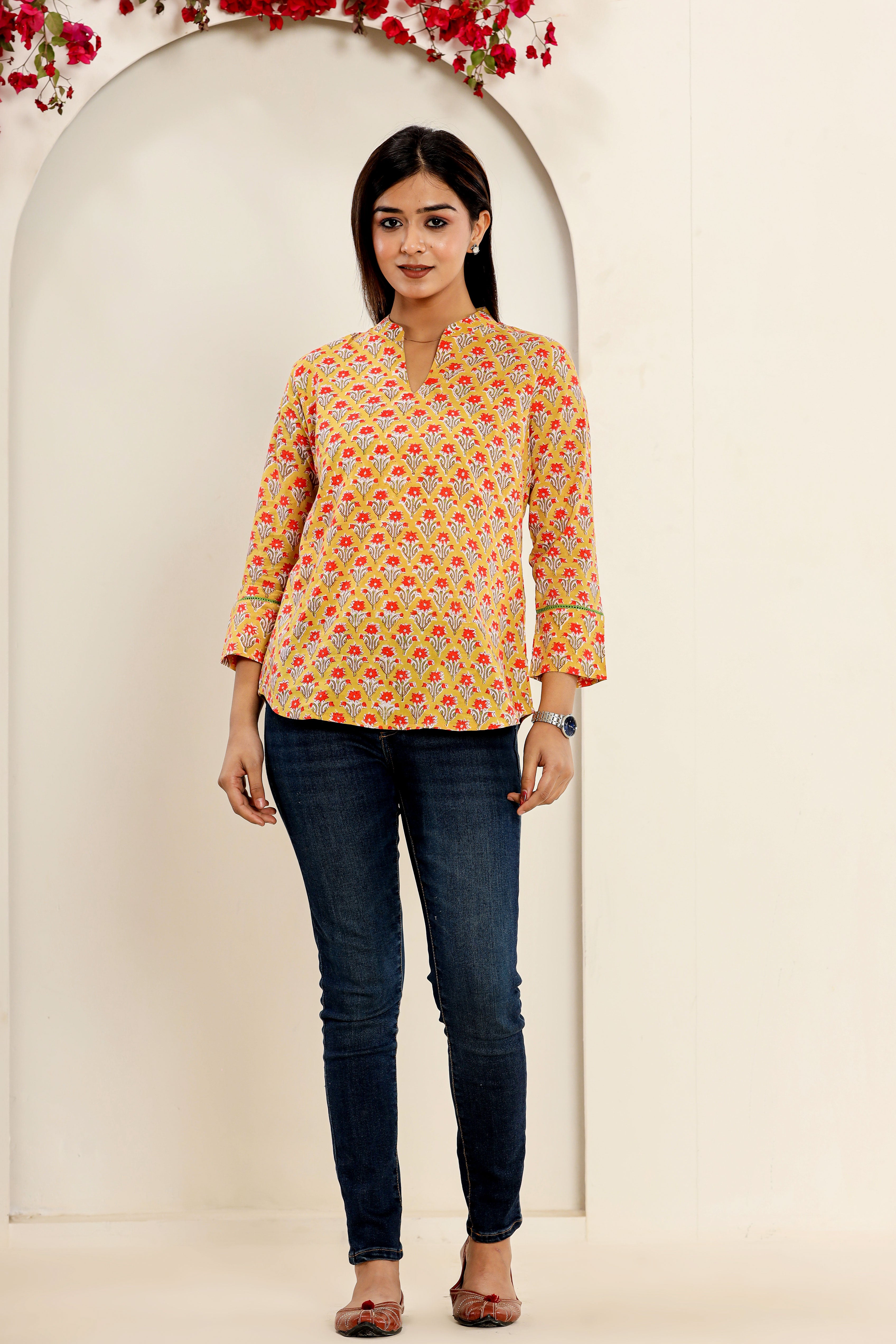 Morning Flower Hand Block Printed Womens Tops