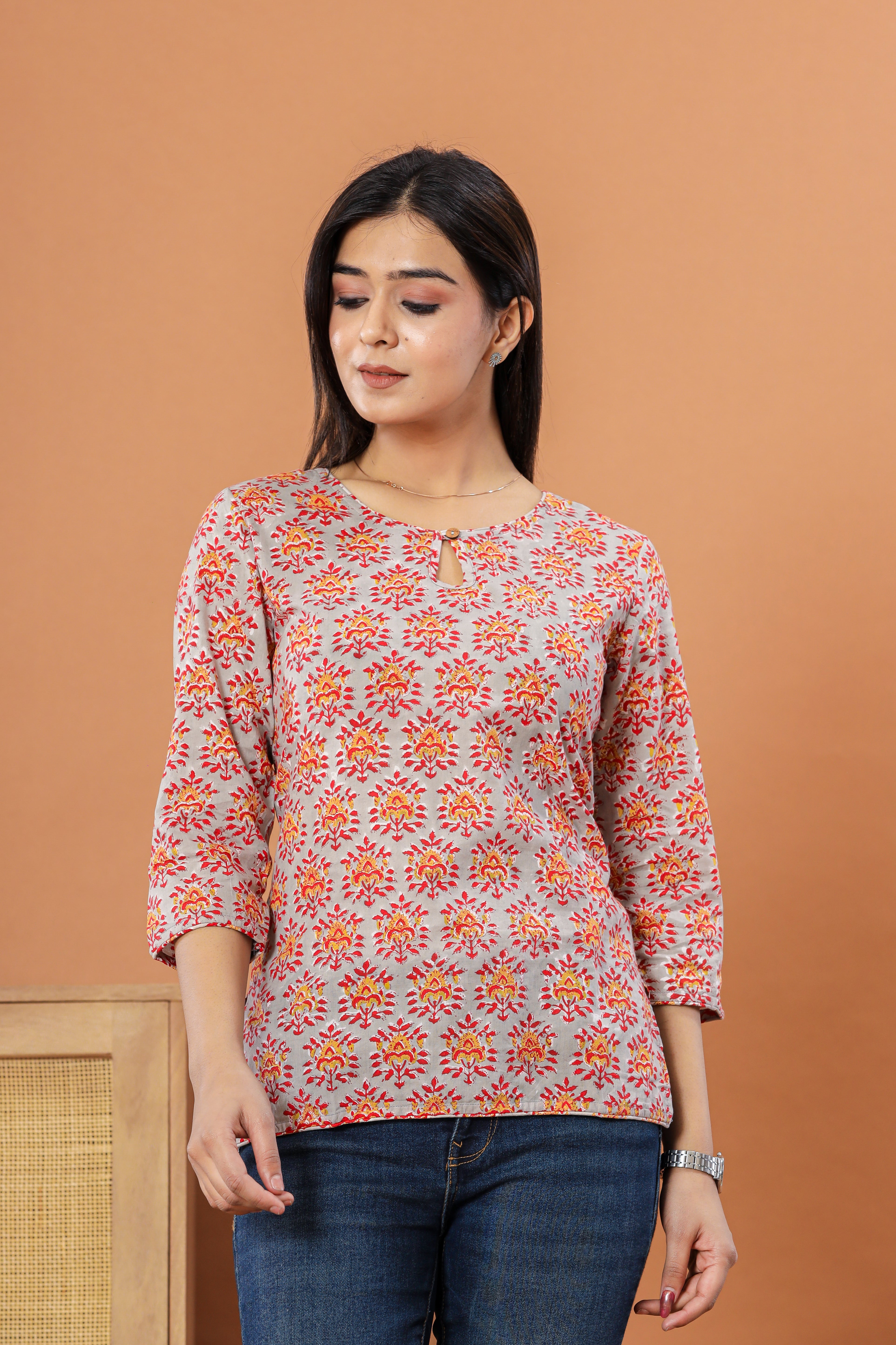 Flower Bouquet Hand Block Printed Womens Tops
