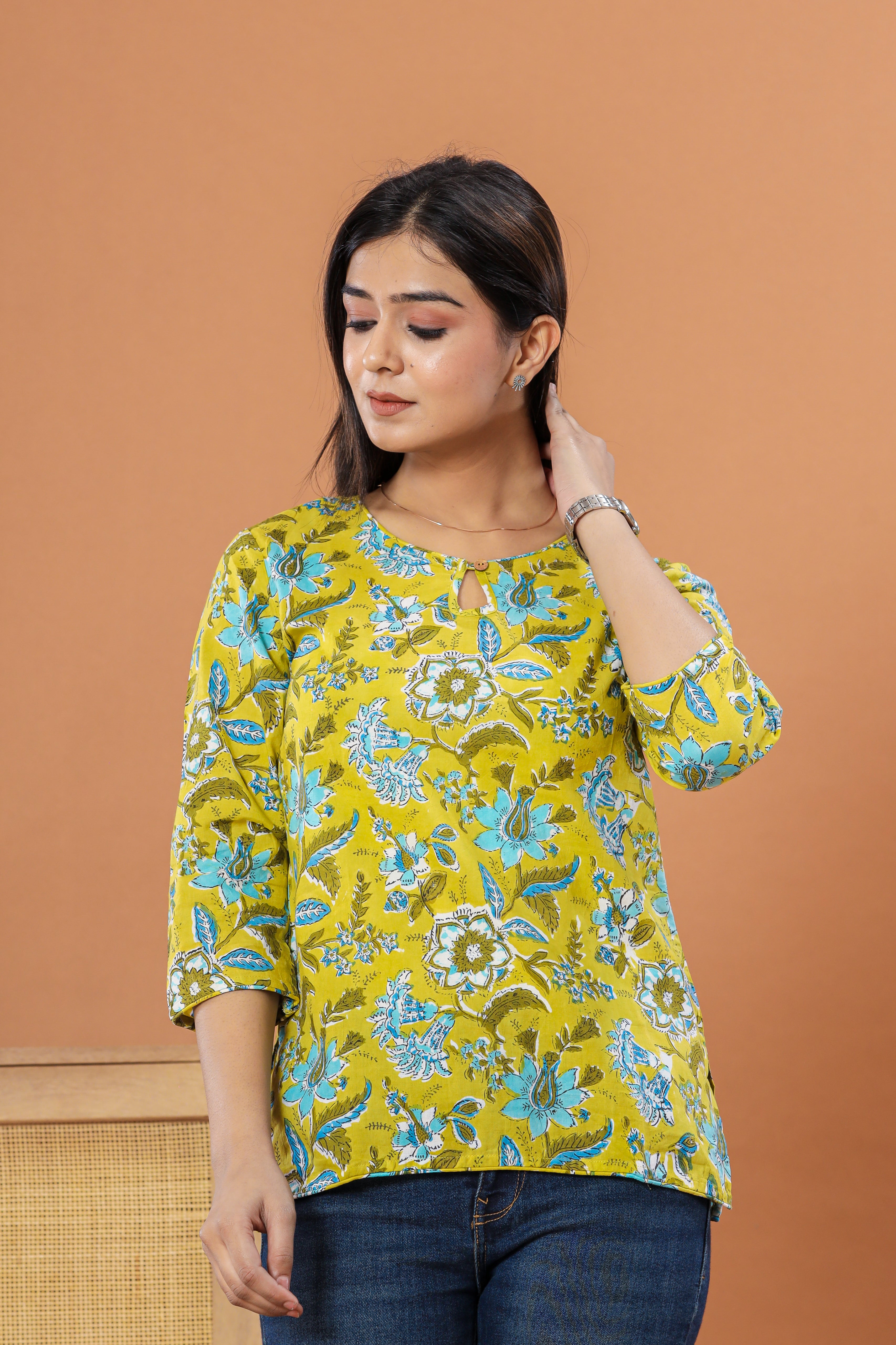 Forest Greenery Anokhi Jaal Hand Block Printed Womens Tops
