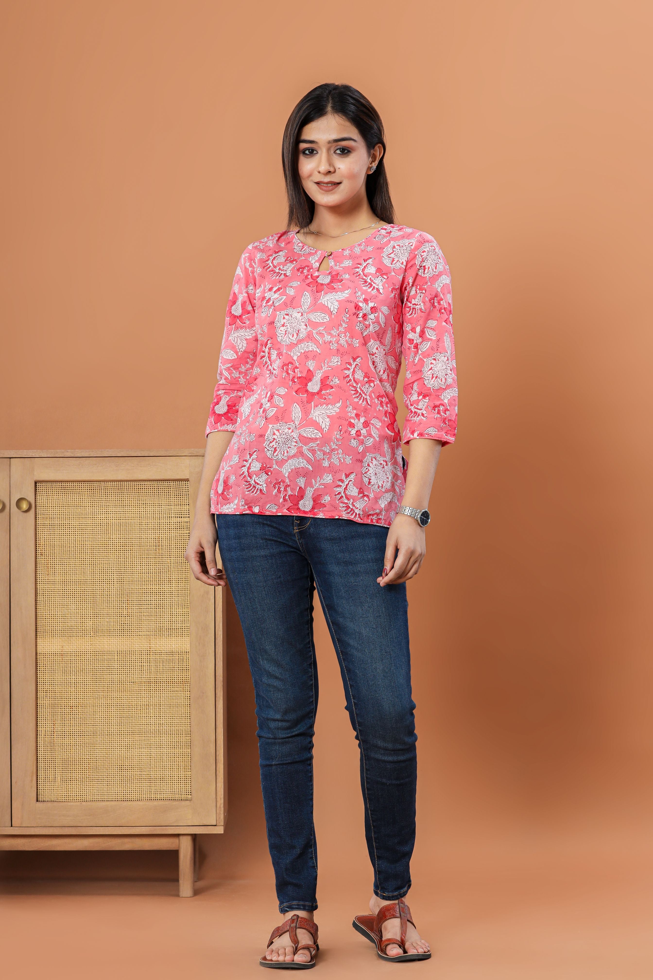 Gulabi Nagari Jaal Hand Block Printed Womens Tops