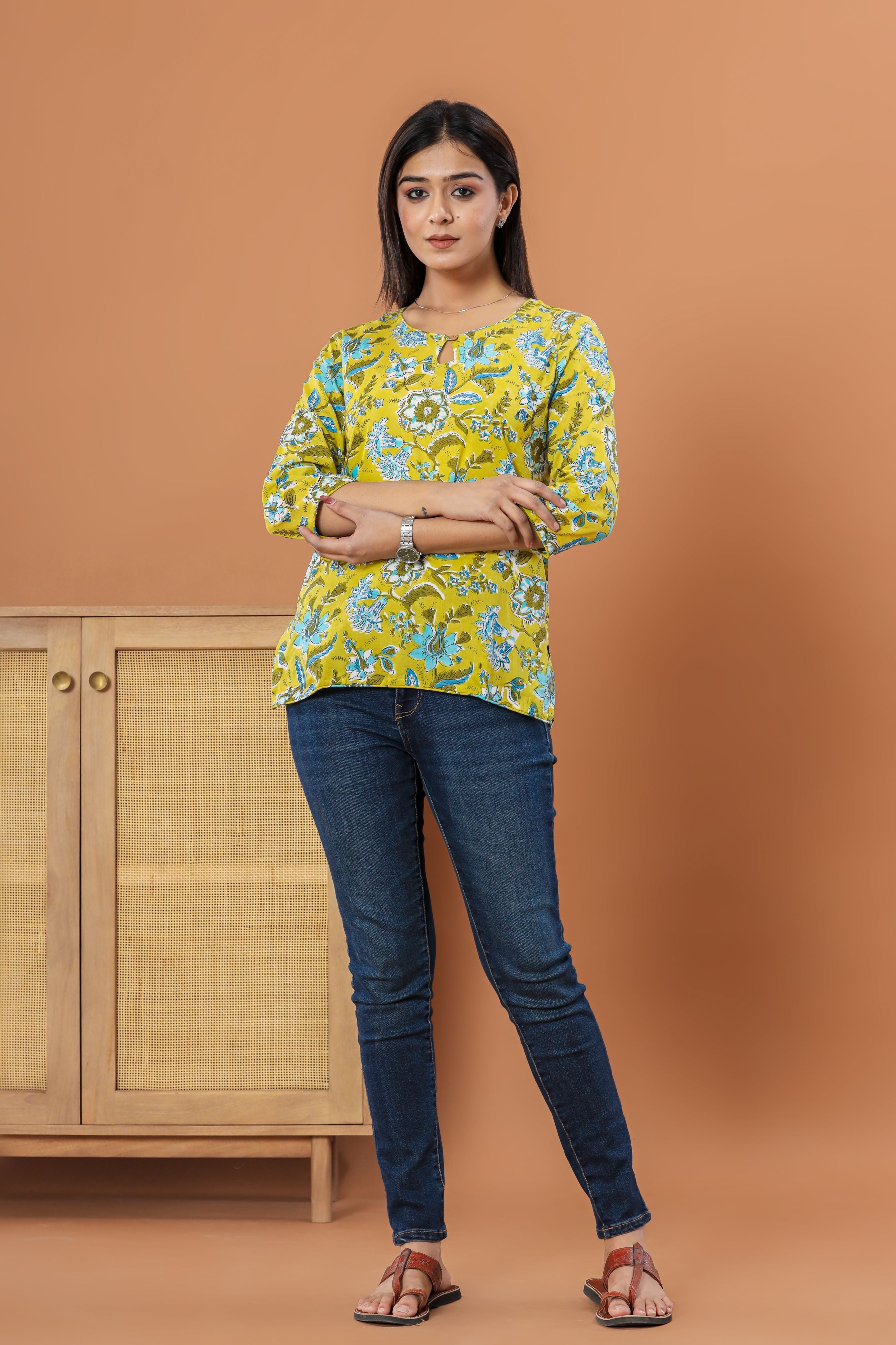 Forest Greenery Anokhi Jaal Hand Block Printed Womens Tops