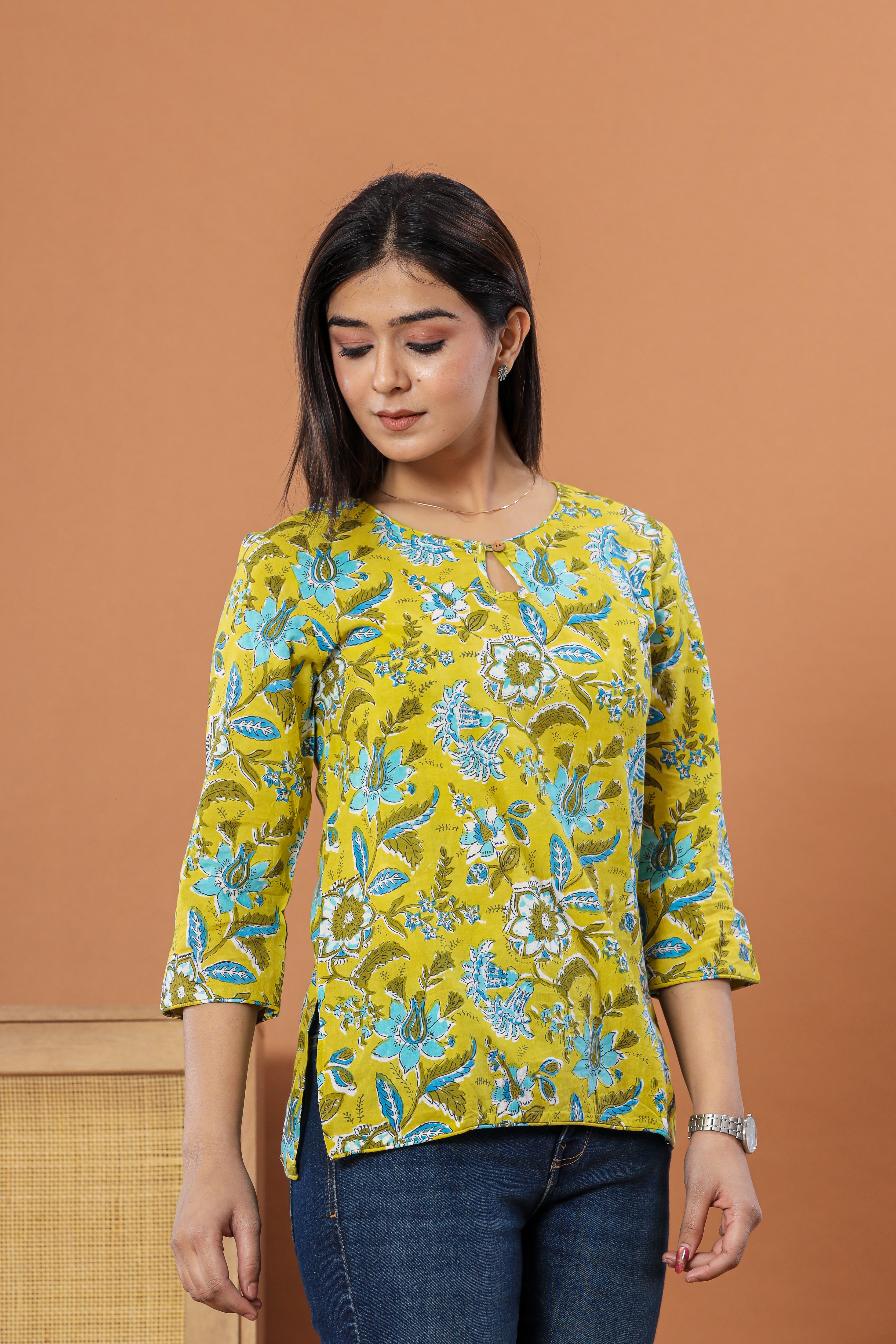 Forest Greenery Anokhi Jaal Hand Block Printed Womens Tops