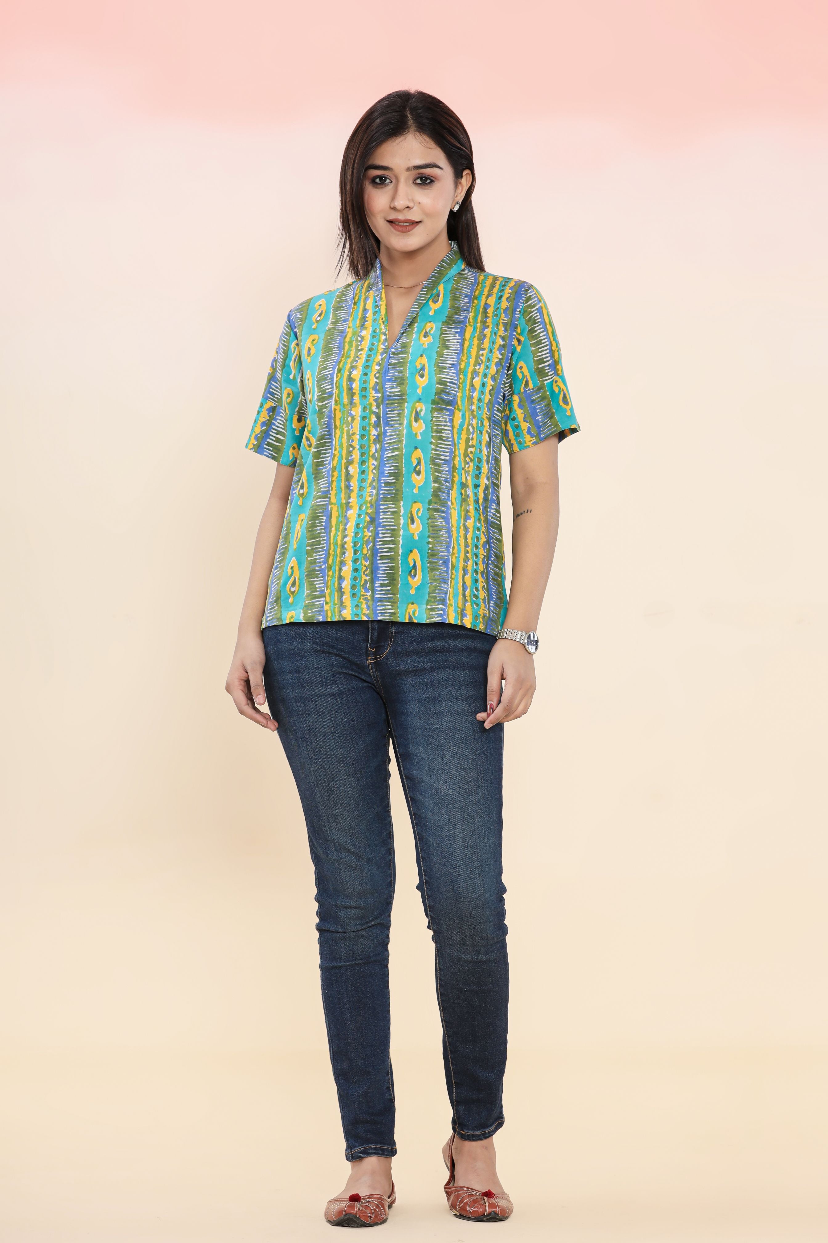 Multi colored Boxy Womens Hand Block Printed Tops