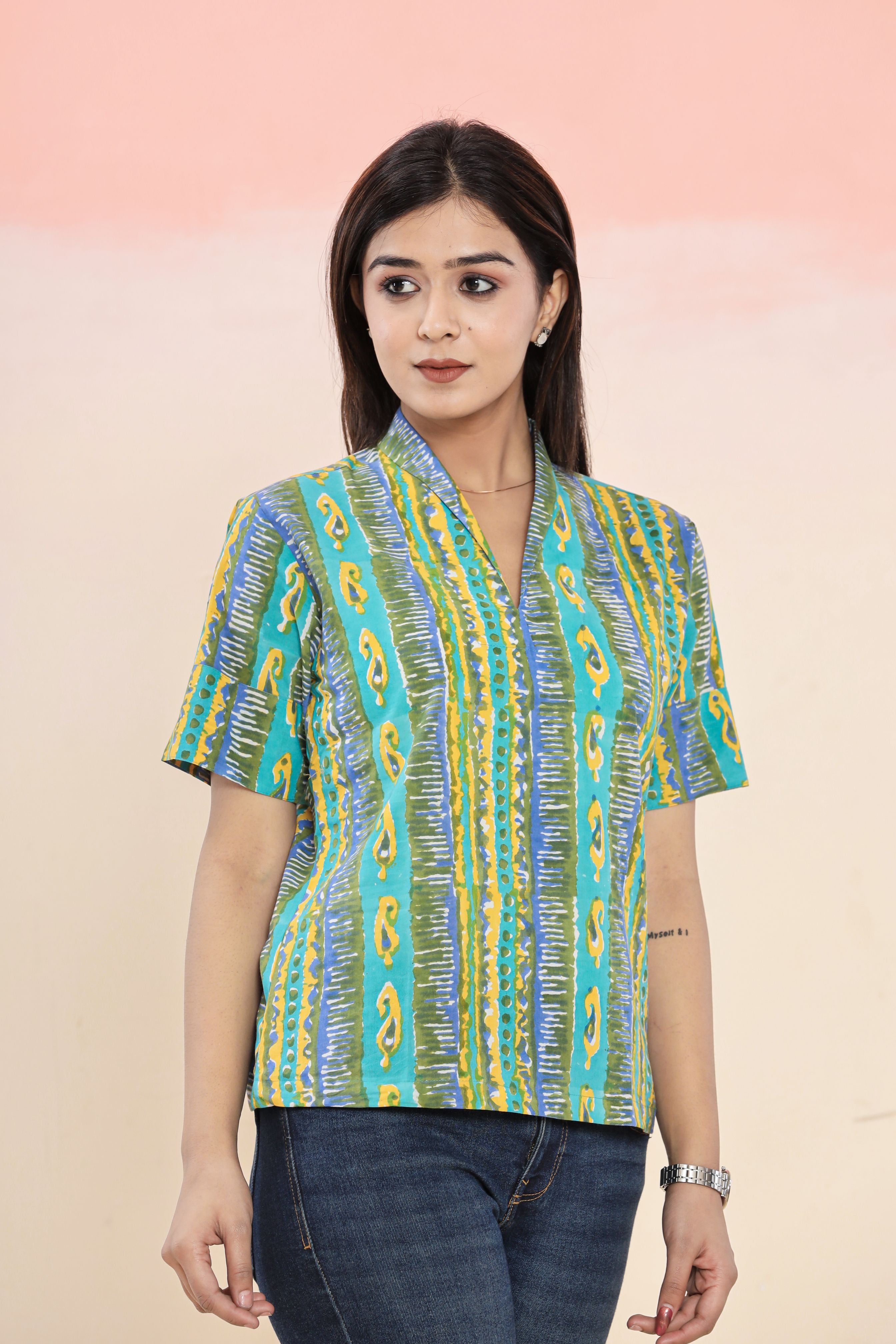 Multi colored Boxy Womens Hand Block Printed Tops