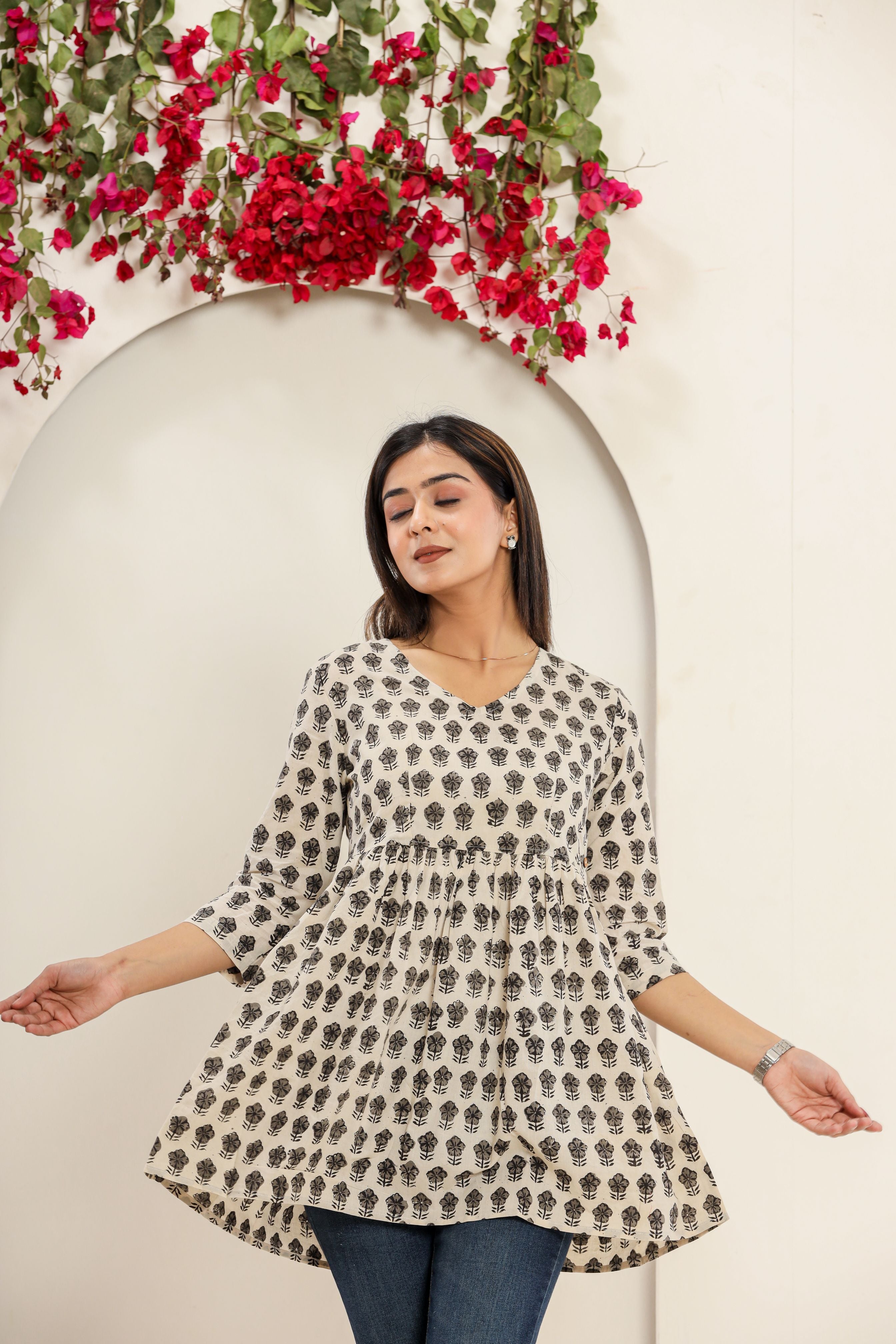 Grey Bagaan Phool Flared Womens Hand Block Printed Tops