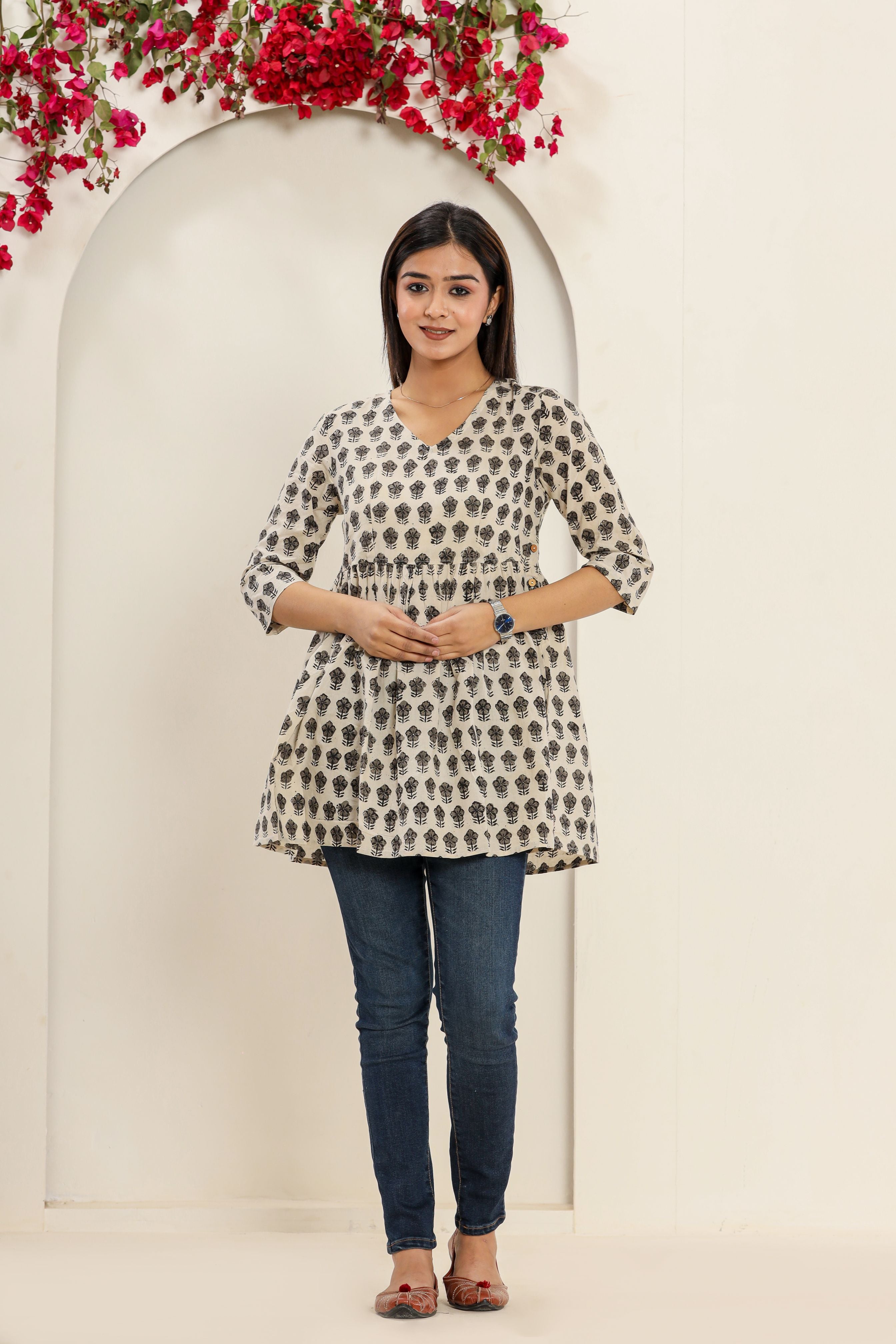 Grey Bagaan Phool Flared Womens Hand Block Printed Tops