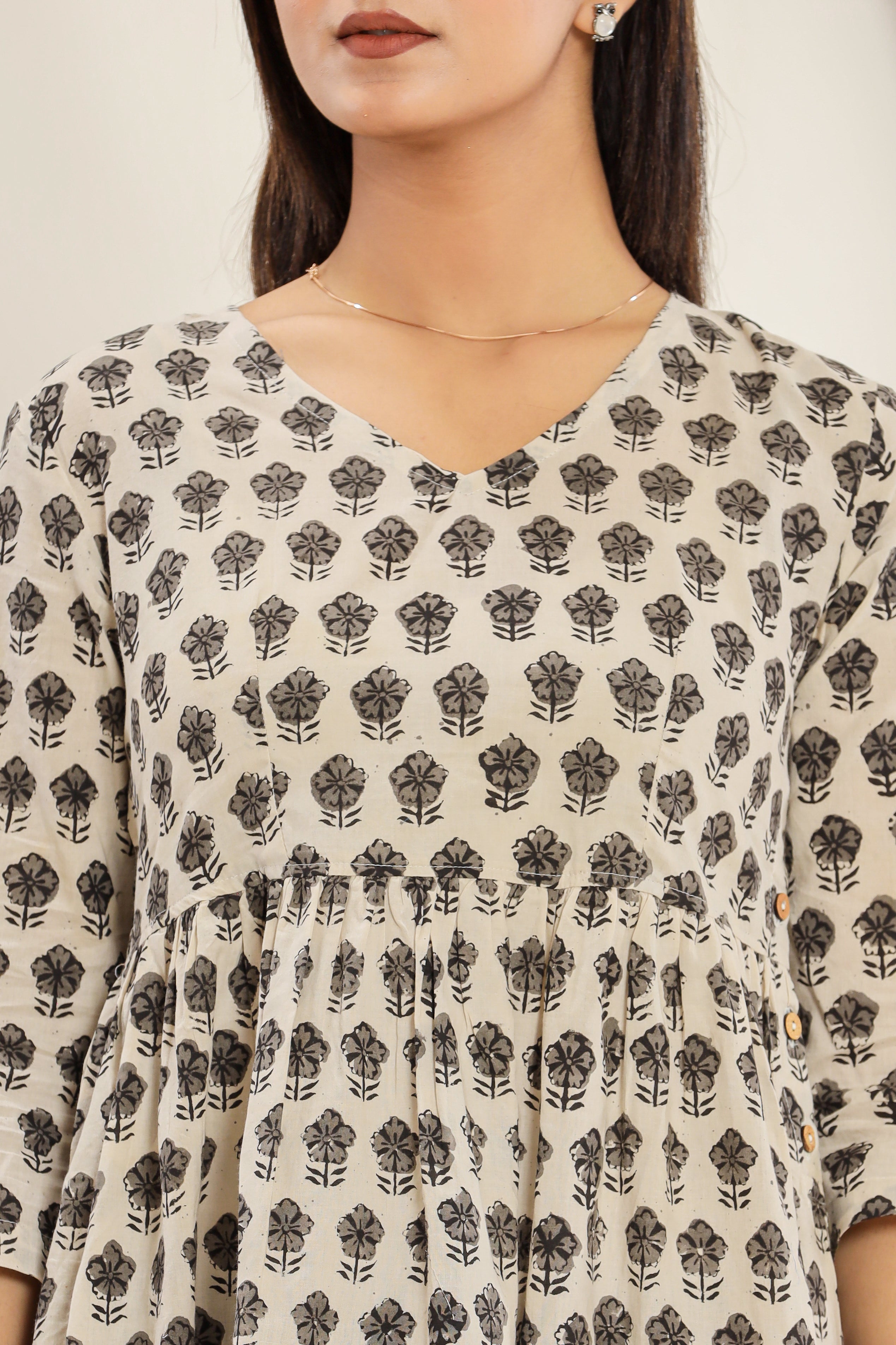 Grey Bagaan Phool Flared Womens Hand Block Printed Tops
