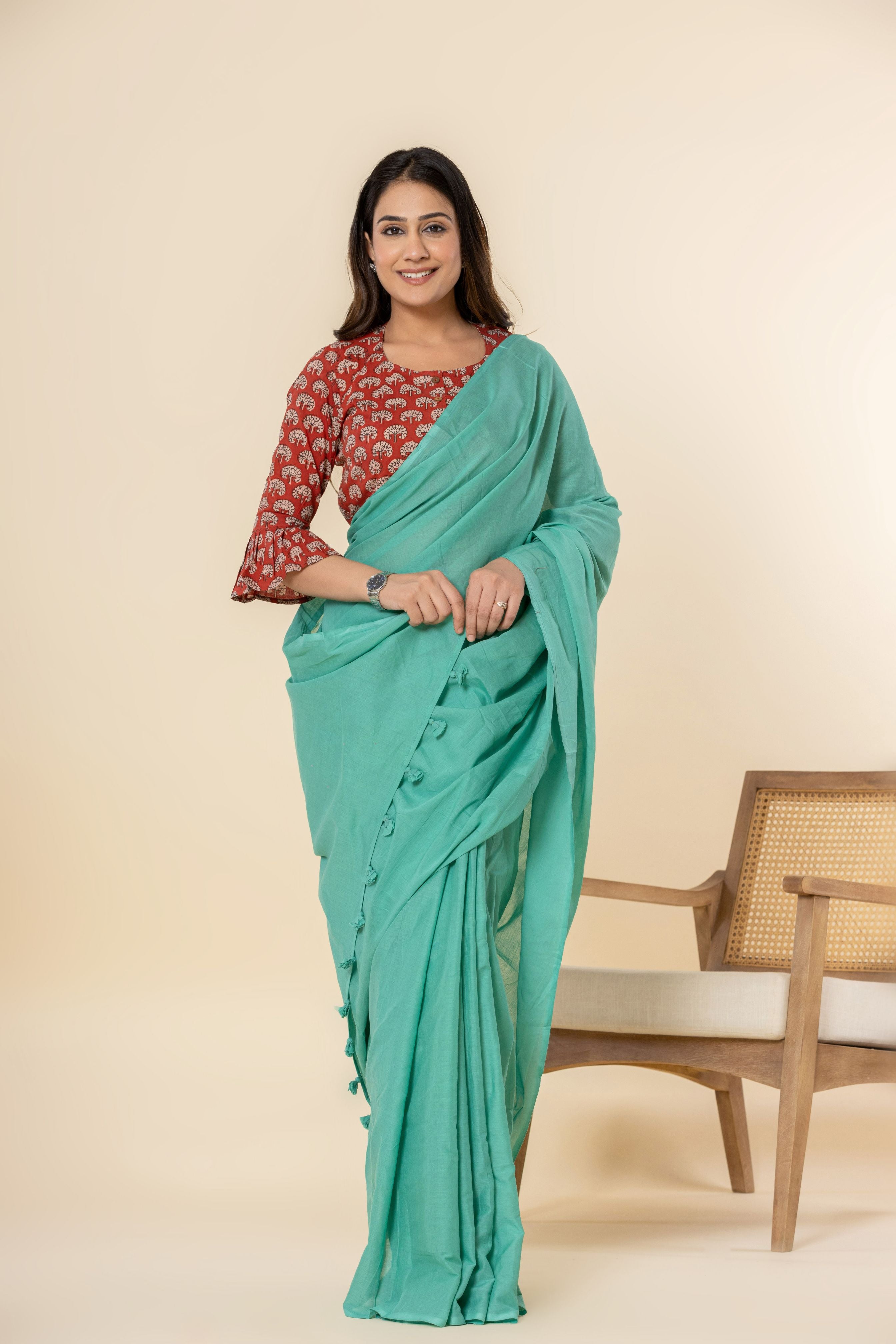 Light Sea Green Dyed Mul Mul Cotton Saree with Tassels (without Blouse)
