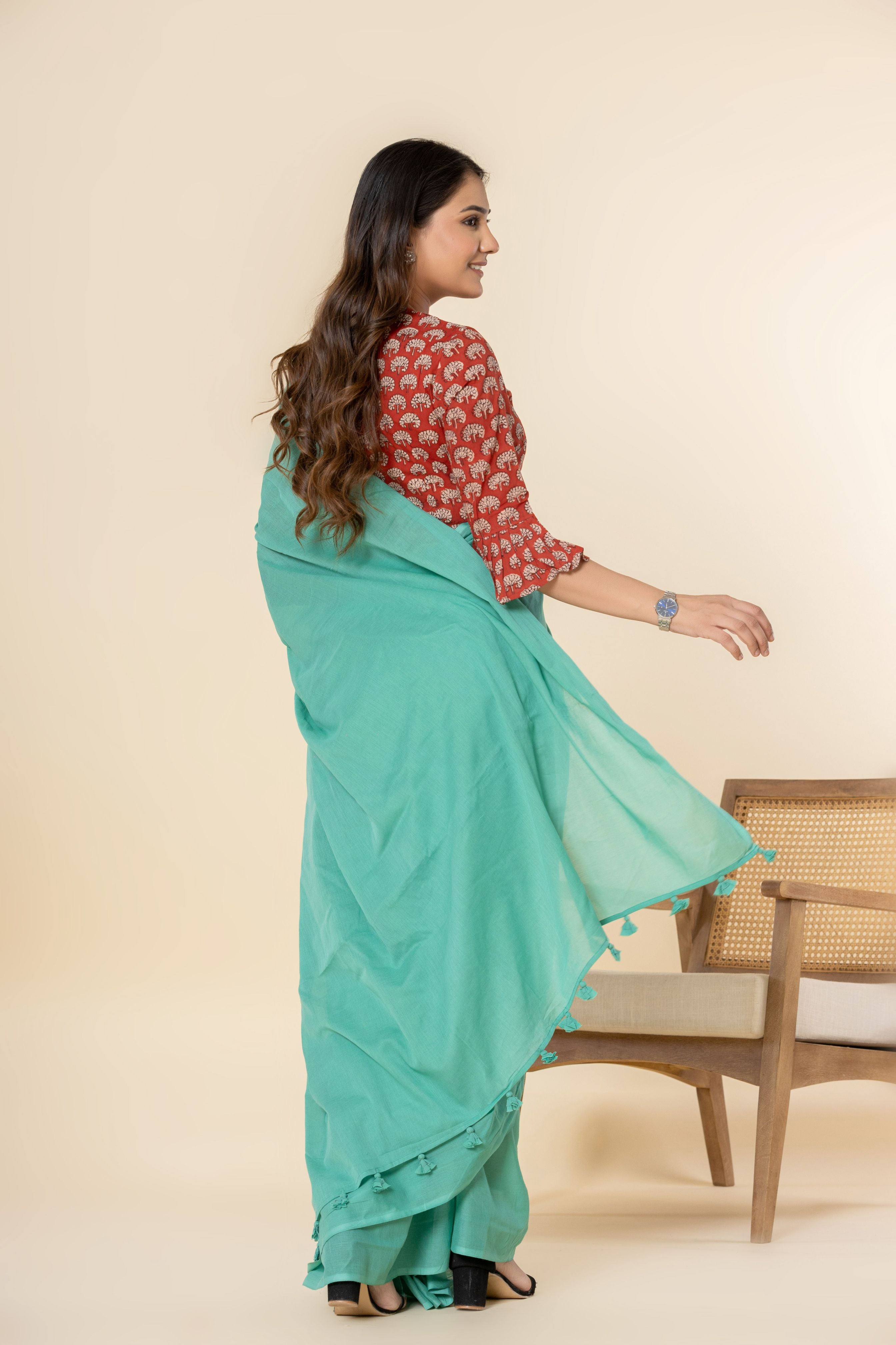 Light Sea Green Dyed Mul Mul Cotton Saree with Tassels (without Blouse)