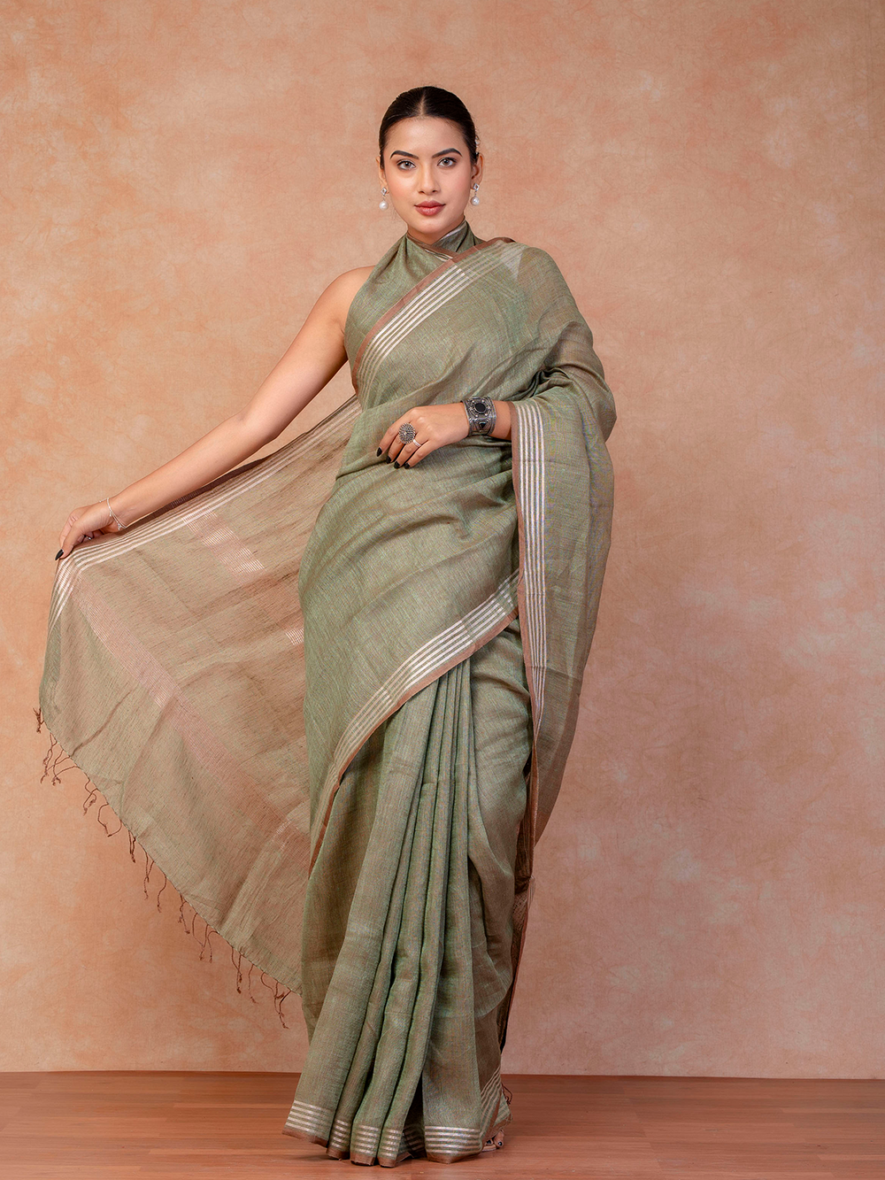 Soft Moss Green Cross Dyed Pure Linen Saree with Blouse