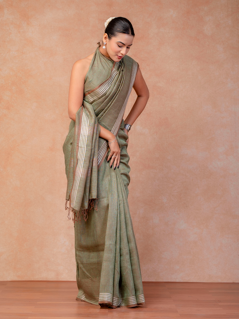 Soft Moss Green Cross Dyed Pure Linen Saree with Blouse